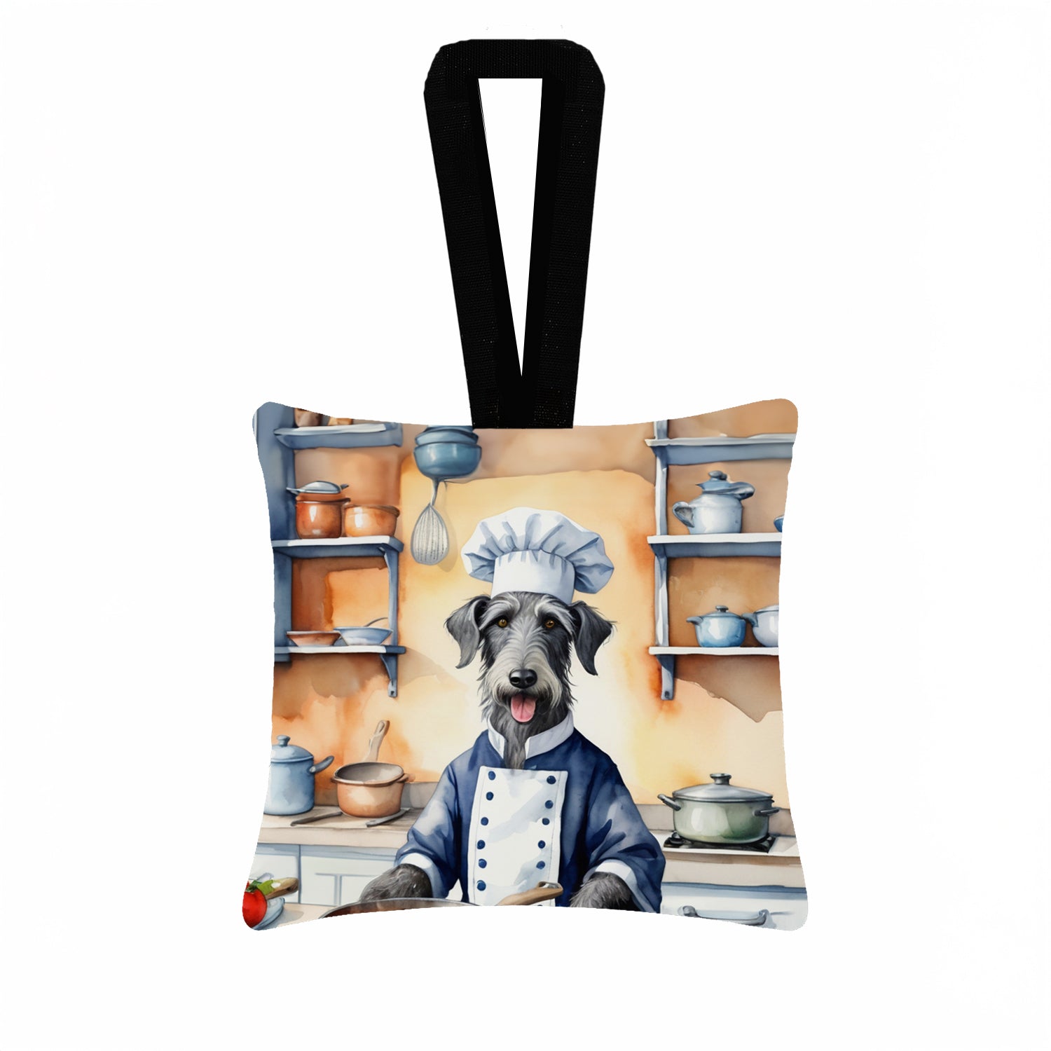 Scottish Deerhound The Chef Hanging Square Fabric Ornament 3.5 × 3.5 Decorative Door-Knob & Tree Hanger, Soft Fabric