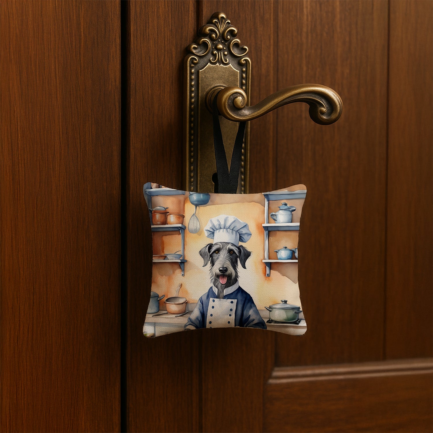 Scottish Deerhound The Chef Hanging Square Fabric Ornament 3.5 × 3.5 Decorative Door-Knob & Tree Hanger, Soft Fabric