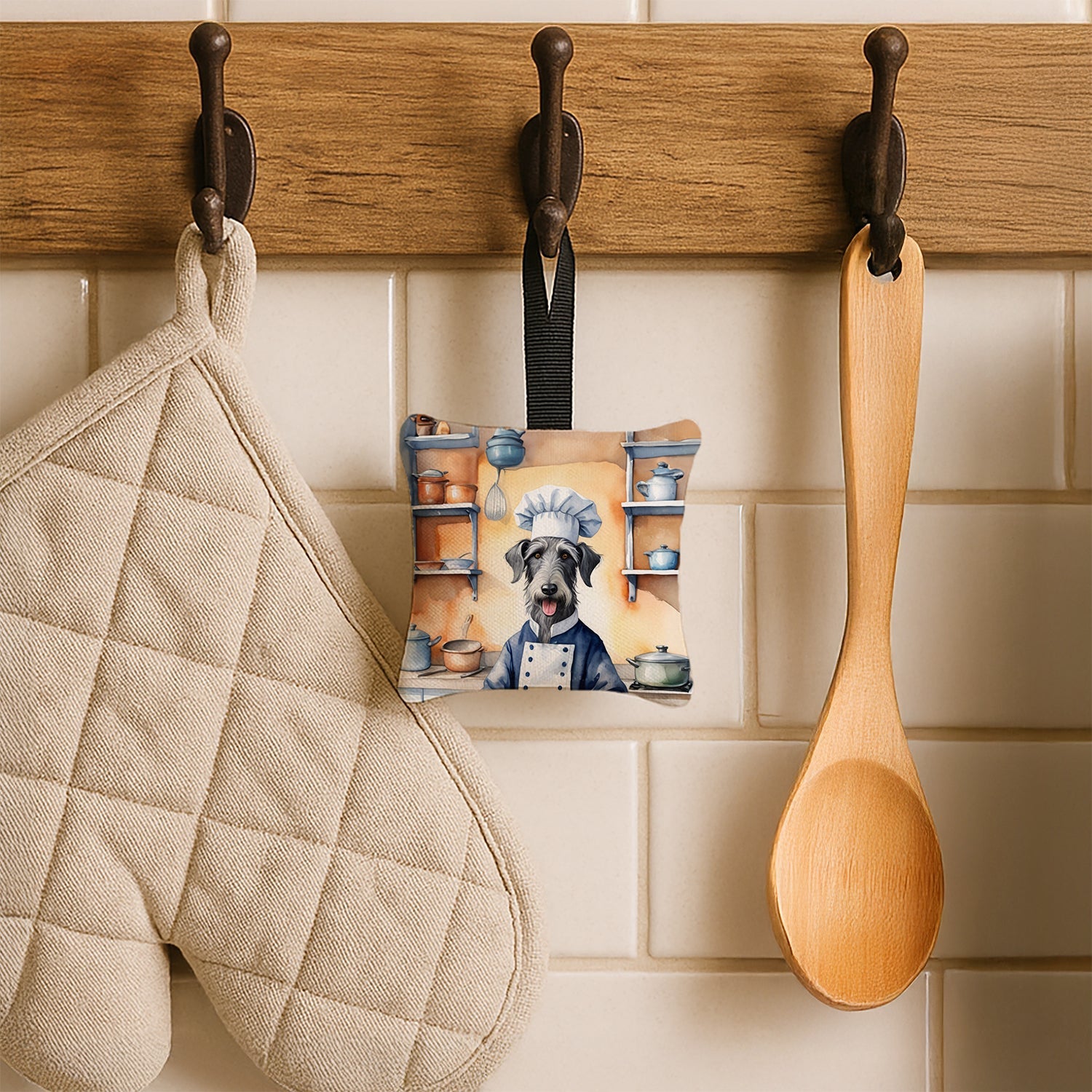 Scottish Deerhound The Chef Hanging Square Fabric Ornament 3.5 × 3.5 Decorative Door-Knob & Tree Hanger, Soft Fabric
