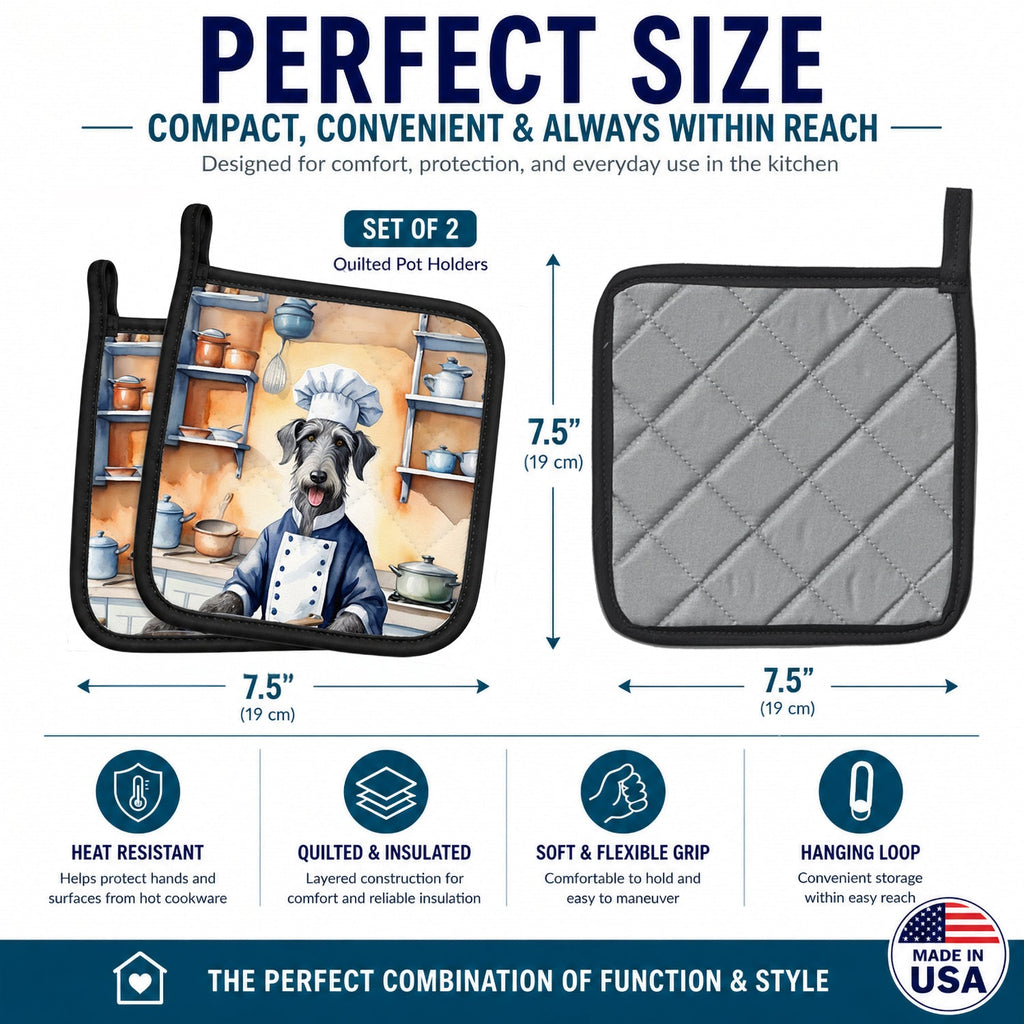 Scottish Deerhound The Chef Pot Holder Set of 2 Heat Resistant Quilted Hot Pads 7.5 x 7.5 Inch, Insulated Kitchen Trivets for Cooking & Baking