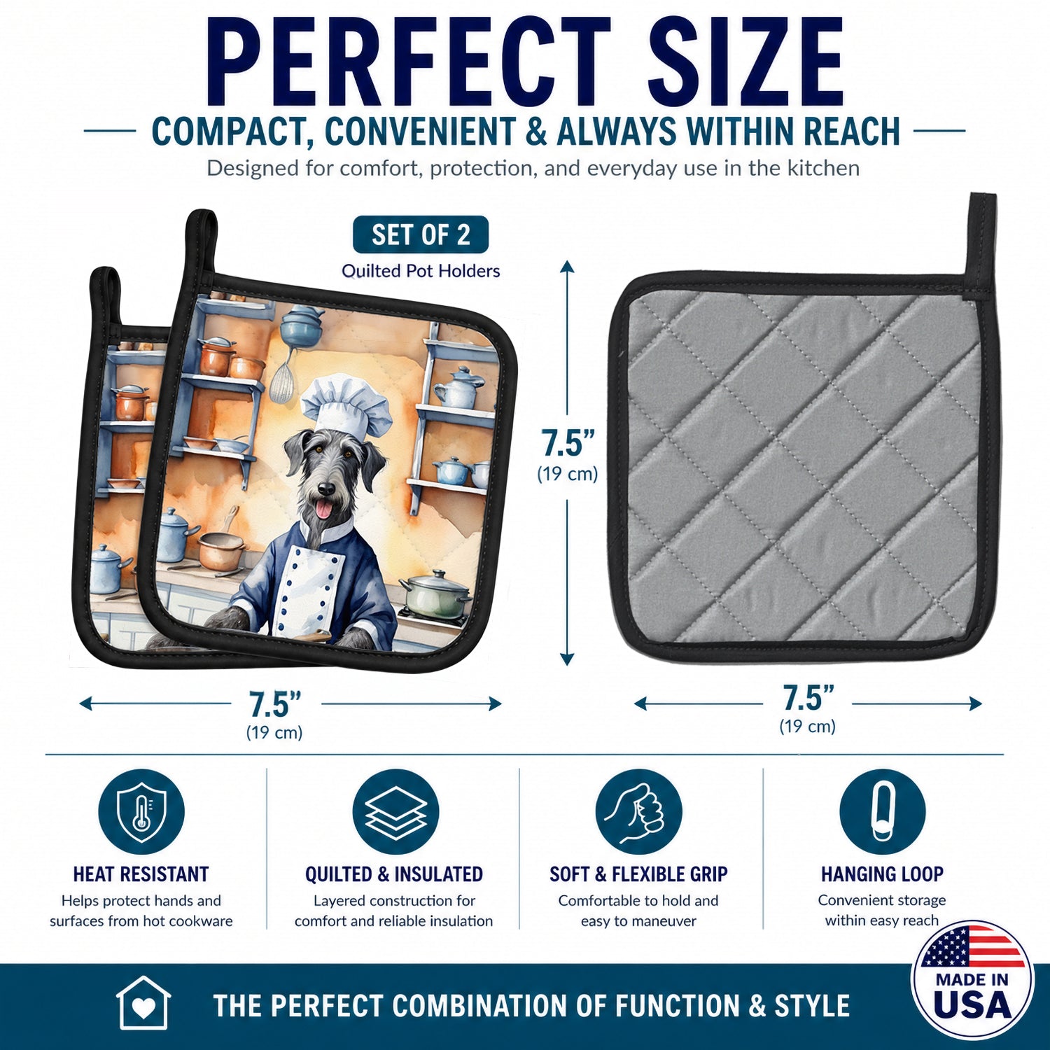 Scottish Deerhound The Chef Pot Holder Set of 2 Heat Resistant Quilted Hot Pads 7.5 x 7.5 Inch, Insulated Kitchen Trivets for Cooking & Baking