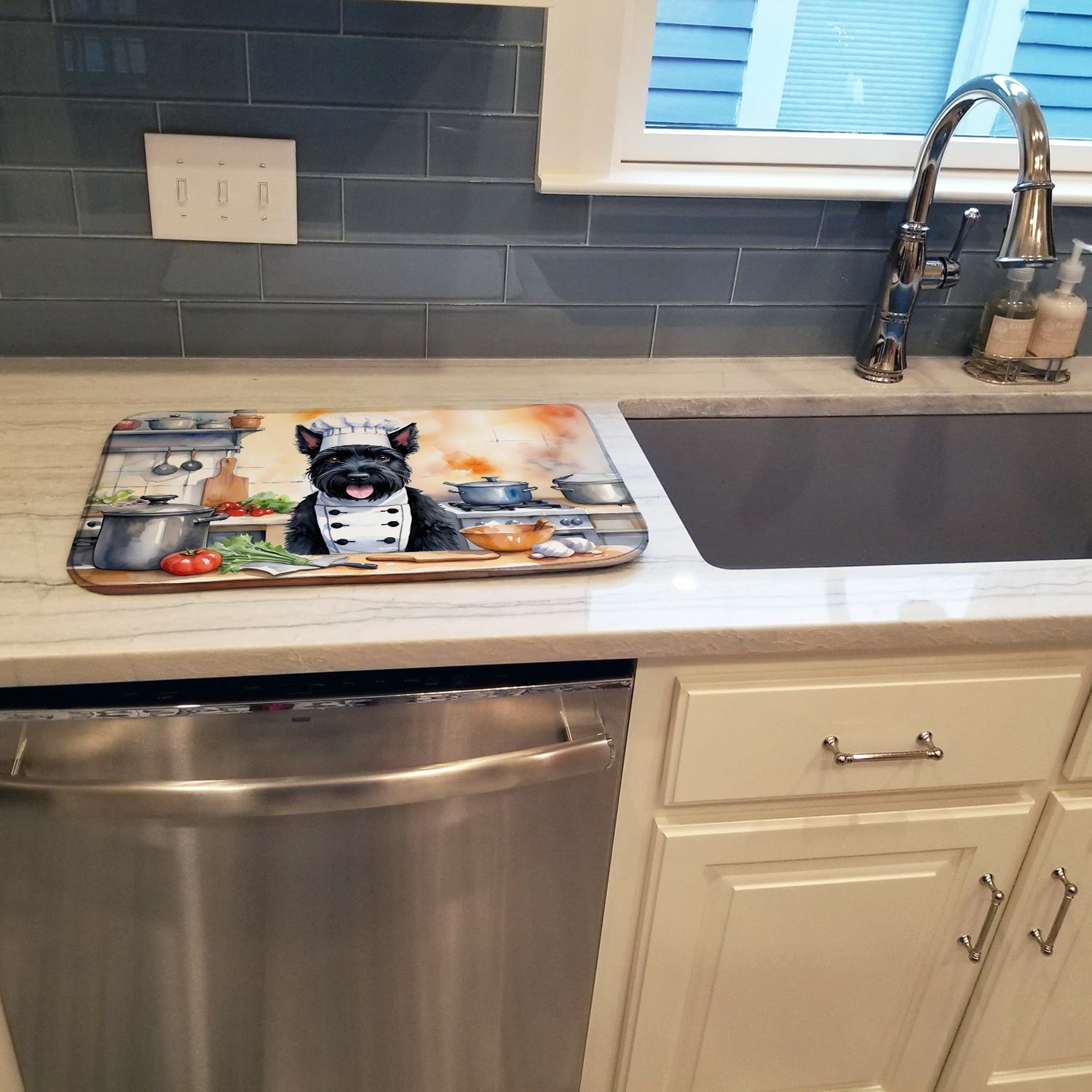 Scottish Terrier The Chef Dish Drying Mat Absorbent Dish Drying Mat Pad for Kitchen Counter Dish Drainer Mat for Countertop, 14 x 21", Multicolor