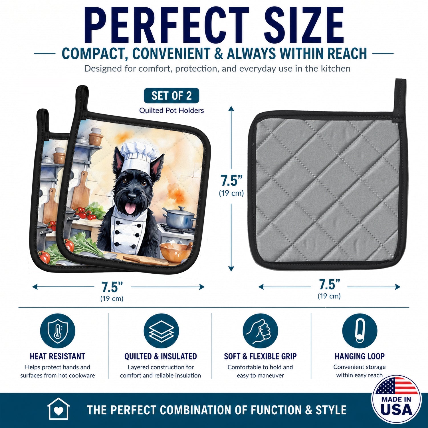 Scottish Terrier The Chef Pot Holder Set of 2 Heat Resistant Quilted Hot Pads 7.5 x 7.5 Inch, Insulated Kitchen Trivets for Cooking & Baking