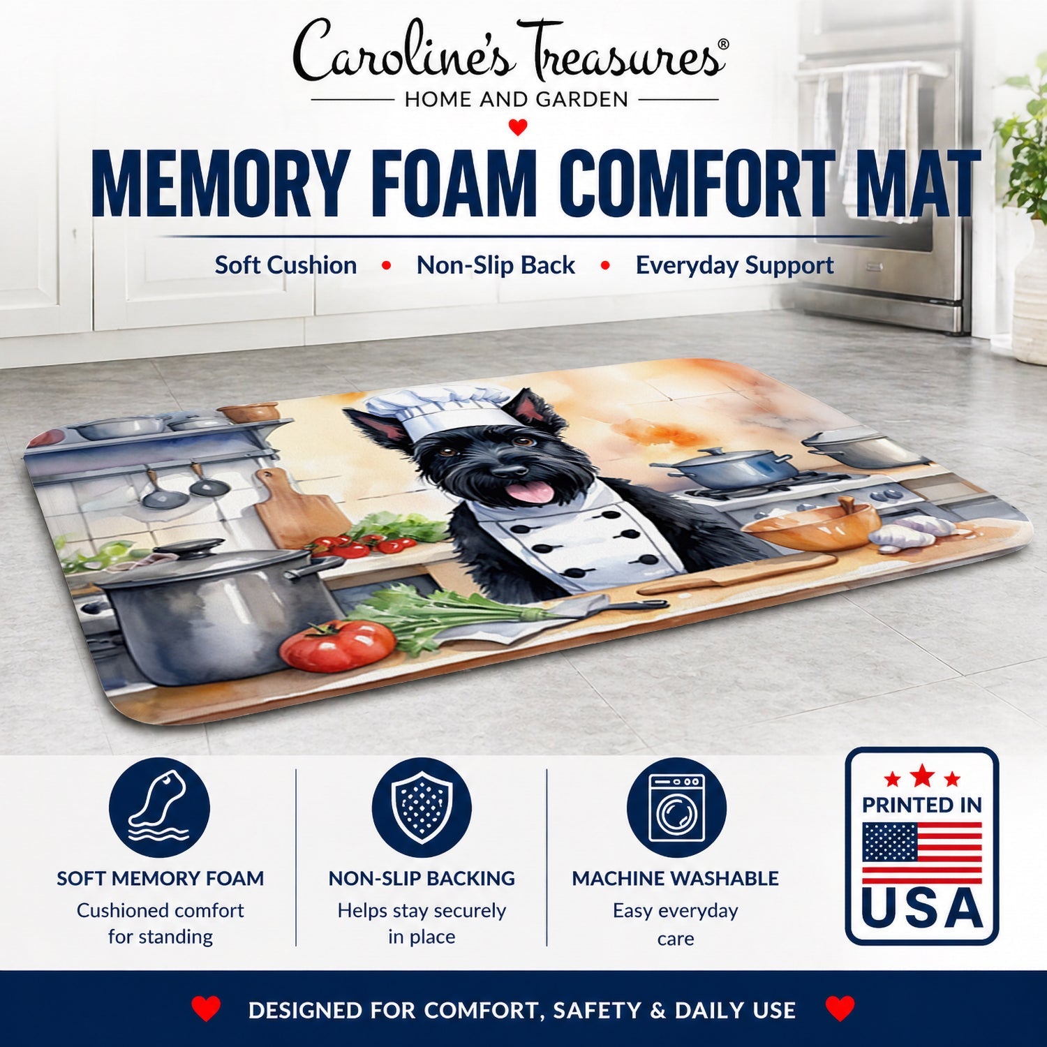 Scottish Terrier The Chef Memory Foam Kitchen Mat Machine Washable Anti-Fatigue Cushion Comfort Bath or Kitchen Rug
