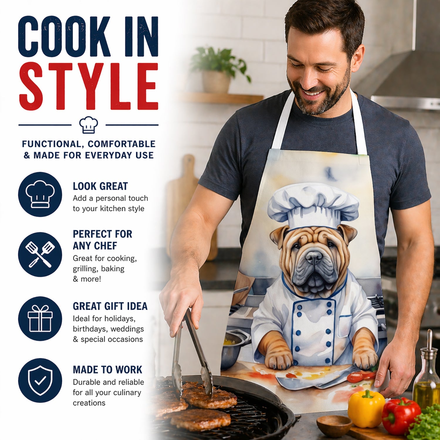 Shar Pei The Chef Apron Cooking Kitchen Server Baking Crafts Gardening for Adult Women Men, Unisex, Large, Multicolor