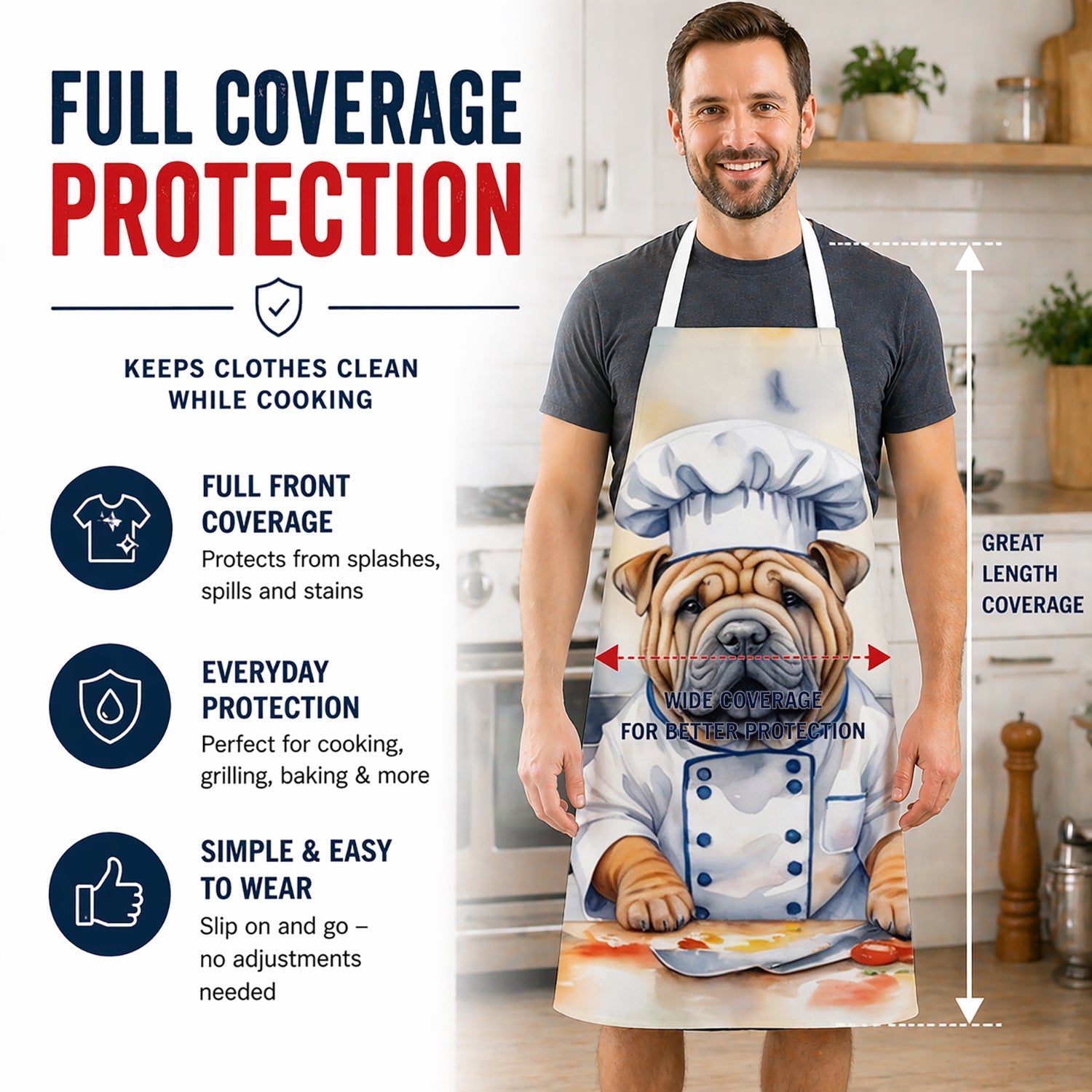 Shar Pei The Chef Apron Cooking Kitchen Server Baking Crafts Gardening for Adult Women Men, Unisex, Large, Multicolor
