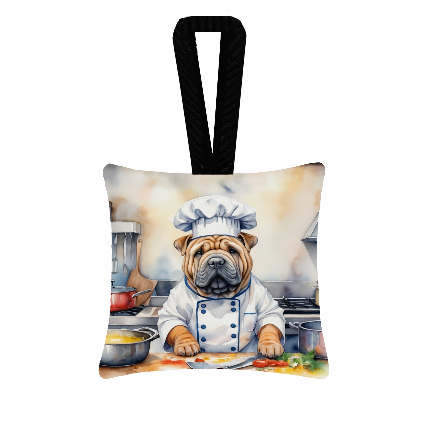Shar Pei The Chef Hanging Square Fabric Ornament 3.5 × 3.5 Decorative Door-Knob & Tree Hanger, Soft Fabric