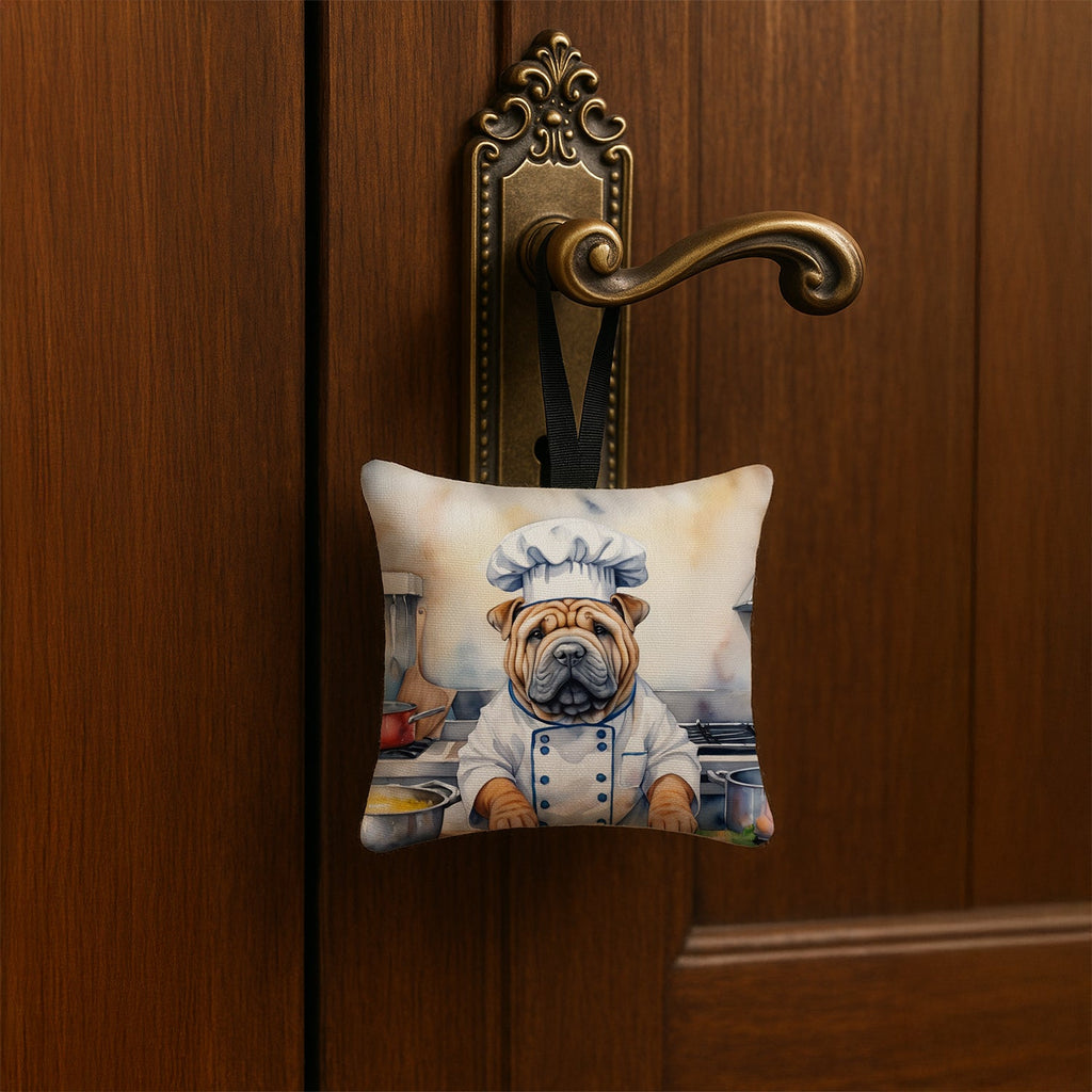 Shar Pei The Chef Hanging Square Fabric Ornament 3.5 × 3.5 Decorative Door-Knob & Tree Hanger, Soft Fabric
