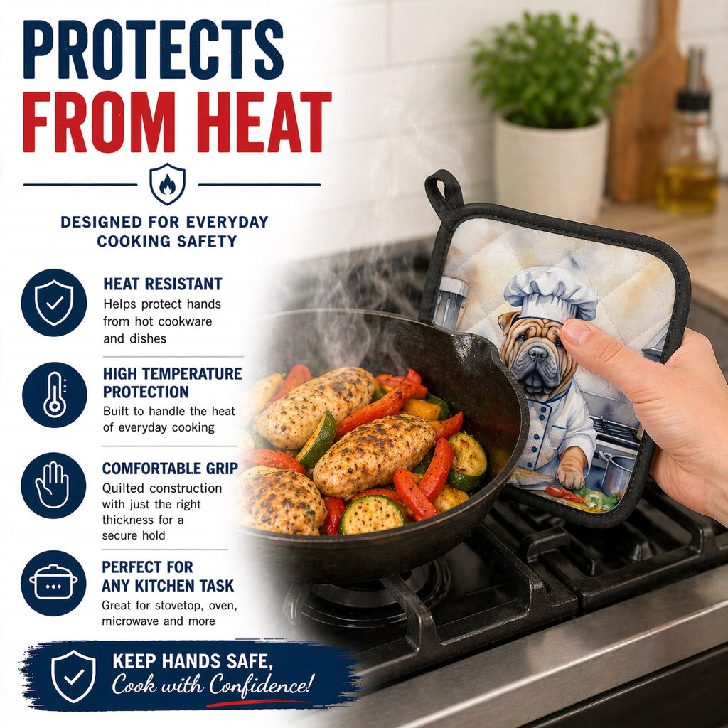 Shar Pei The Chef Pot Holder Set of 2 Heat Resistant Quilted Hot Pads 7.5 x 7.5 Inch, Insulated Kitchen Trivets for Cooking & Baking