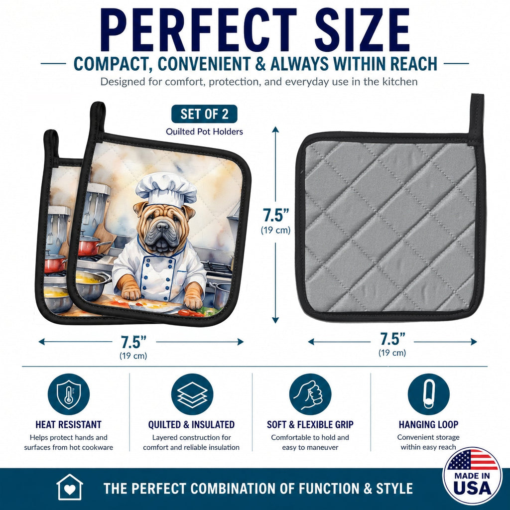 Shar Pei The Chef Pot Holder Set of 2 Heat Resistant Quilted Hot Pads 7.5 x 7.5 Inch, Insulated Kitchen Trivets for Cooking & Baking