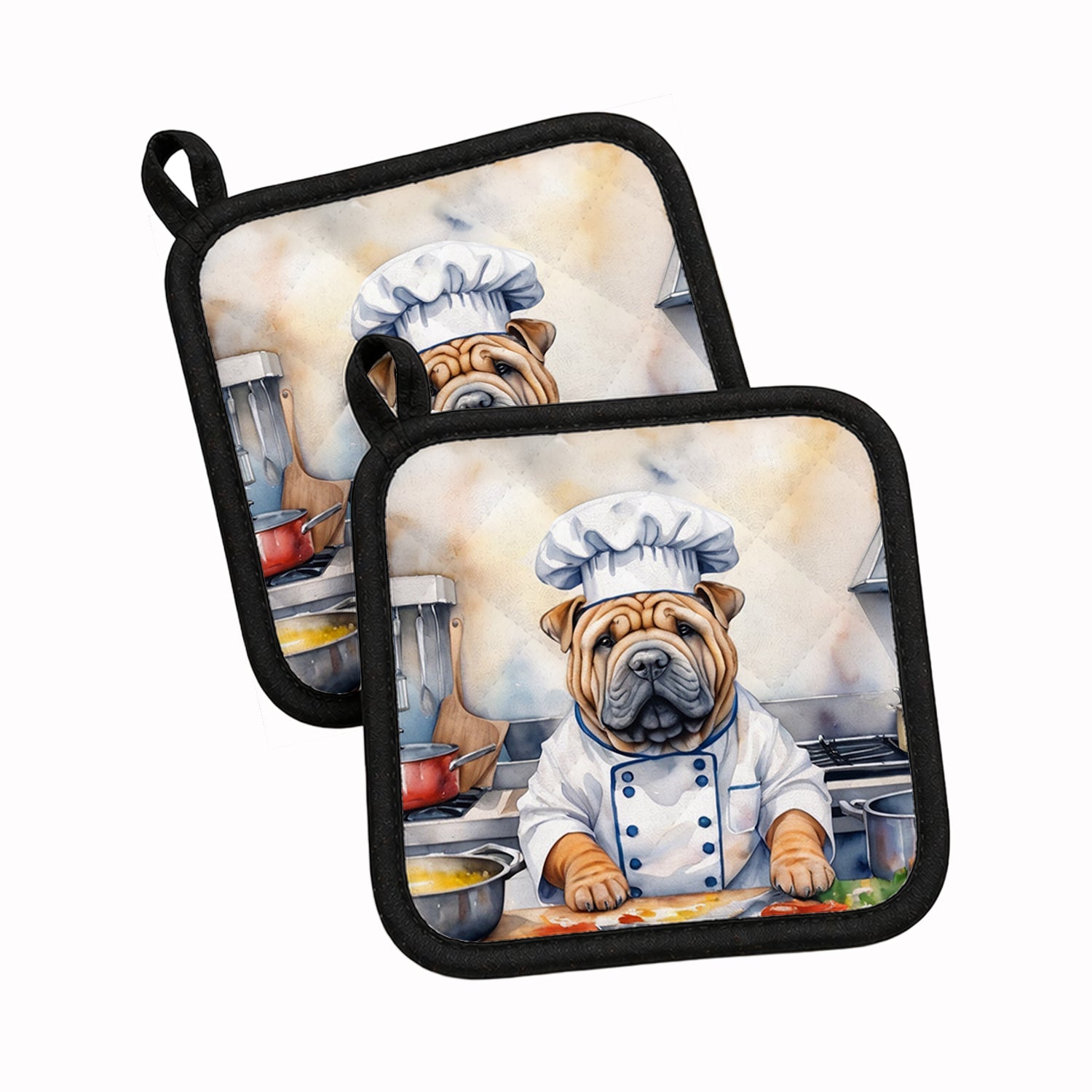 Shar Pei The Chef Pot Holder Set of 2 Heat Resistant Quilted Hot Pads 7.5 x 7.5 Inch, Insulated Kitchen Trivets for Cooking & Baking