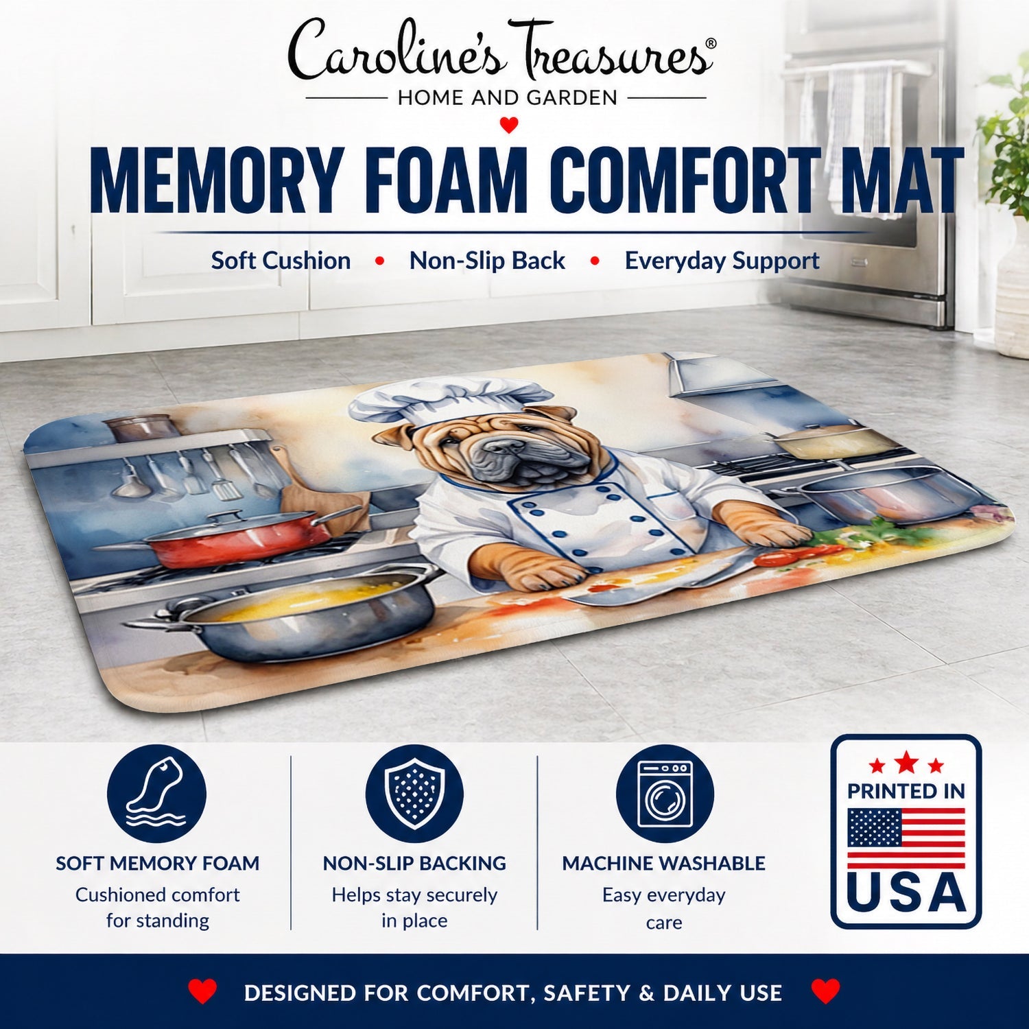 Shar Pei The Chef Memory Foam Kitchen Mat Machine Washable Anti-Fatigue Cushion Comfort Bath or Kitchen Rug