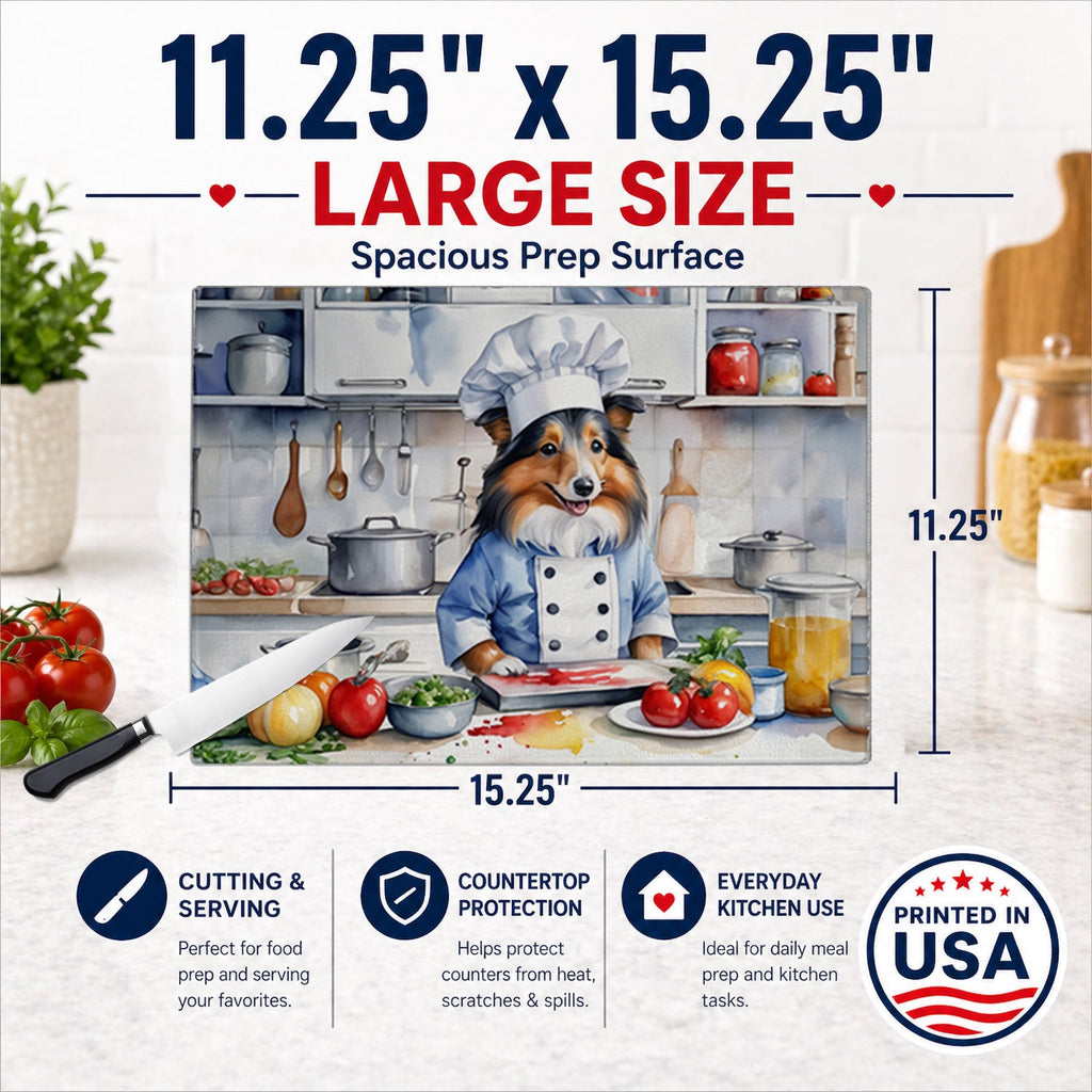 Sheltie The Chef Cutting Board Tempered Glass Kitchen Cutting Surface, Heat Resistant Chopping, Non-Slip Feet, Food Prep & Serving