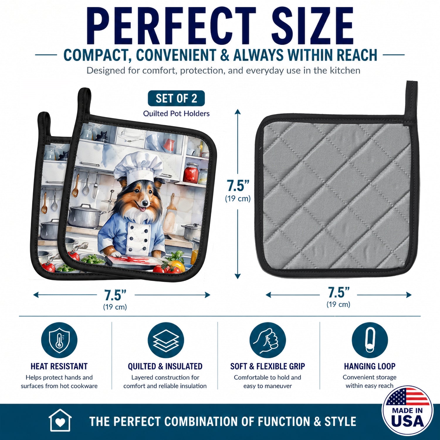 Sheltie The Chef Pot Holder Set of 2 Heat Resistant Quilted Hot Pads 7.5 x 7.5 Inch, Insulated Kitchen Trivets for Cooking & Baking