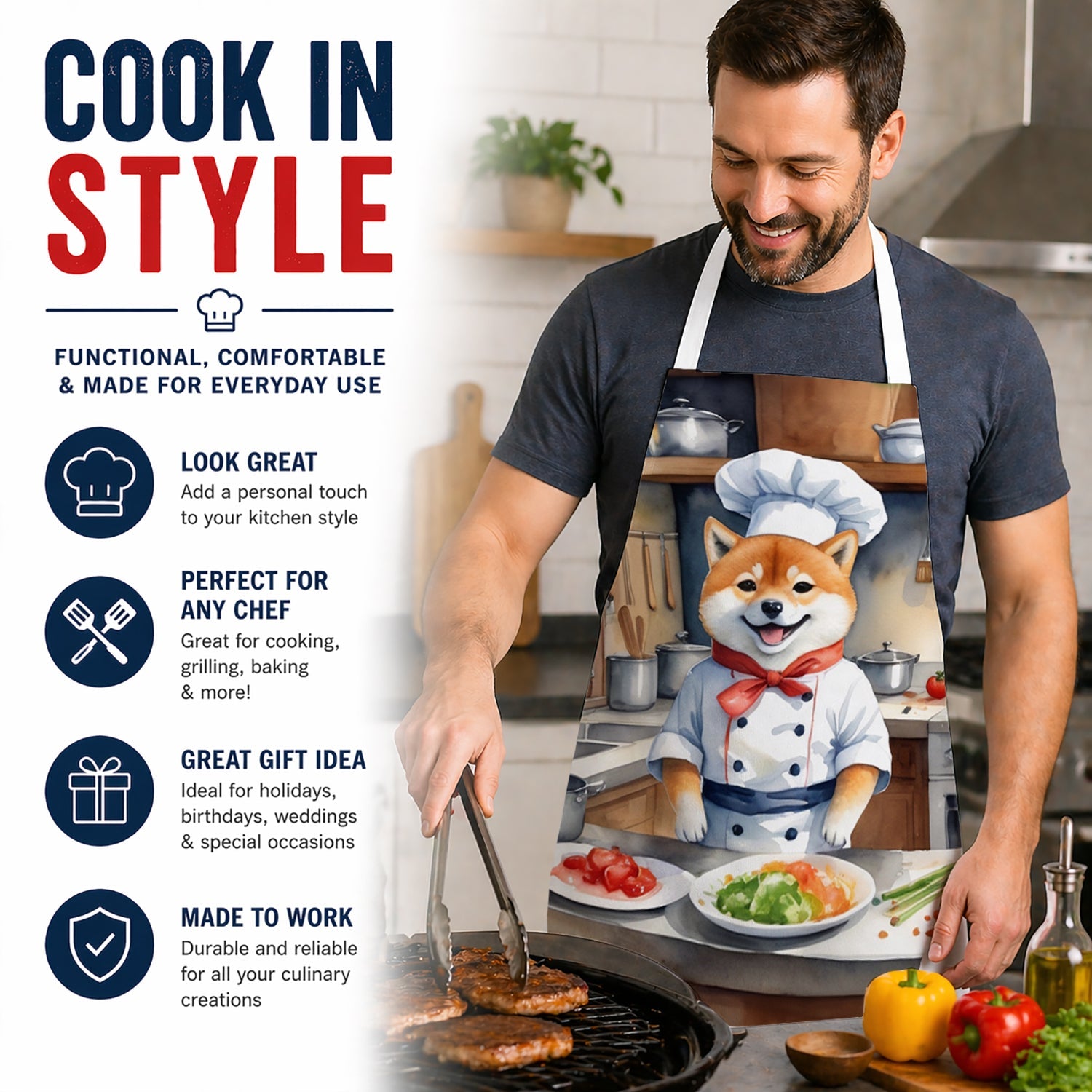 Shiba Inu The Chef Apron Cooking Kitchen Server Baking Crafts Gardening for Adult Women Men, Unisex, Large, Multicolor