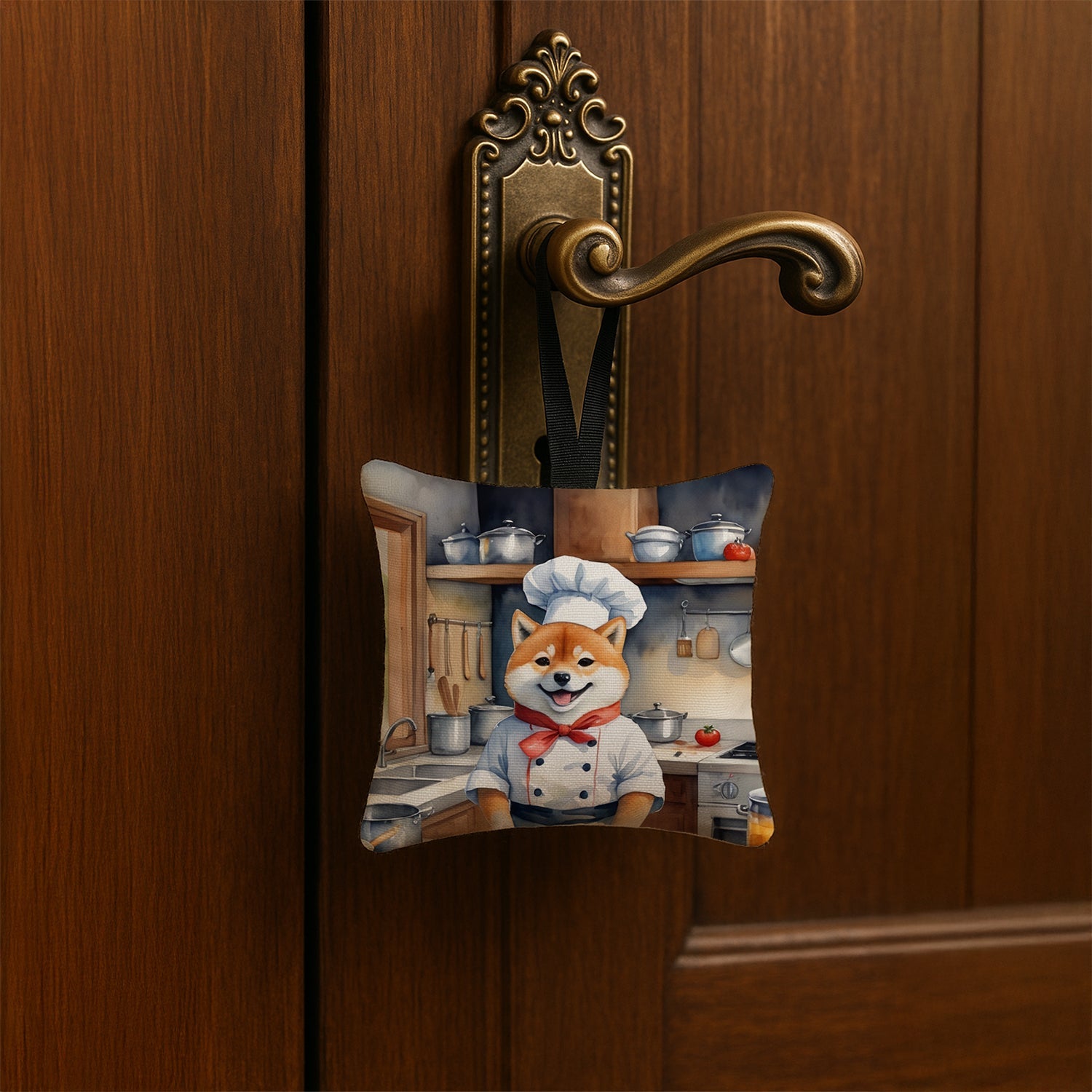 Shiba Inu The Chef Hanging Square Fabric Ornament 3.5 × 3.5 Decorative Door-Knob & Tree Hanger, Soft Fabric