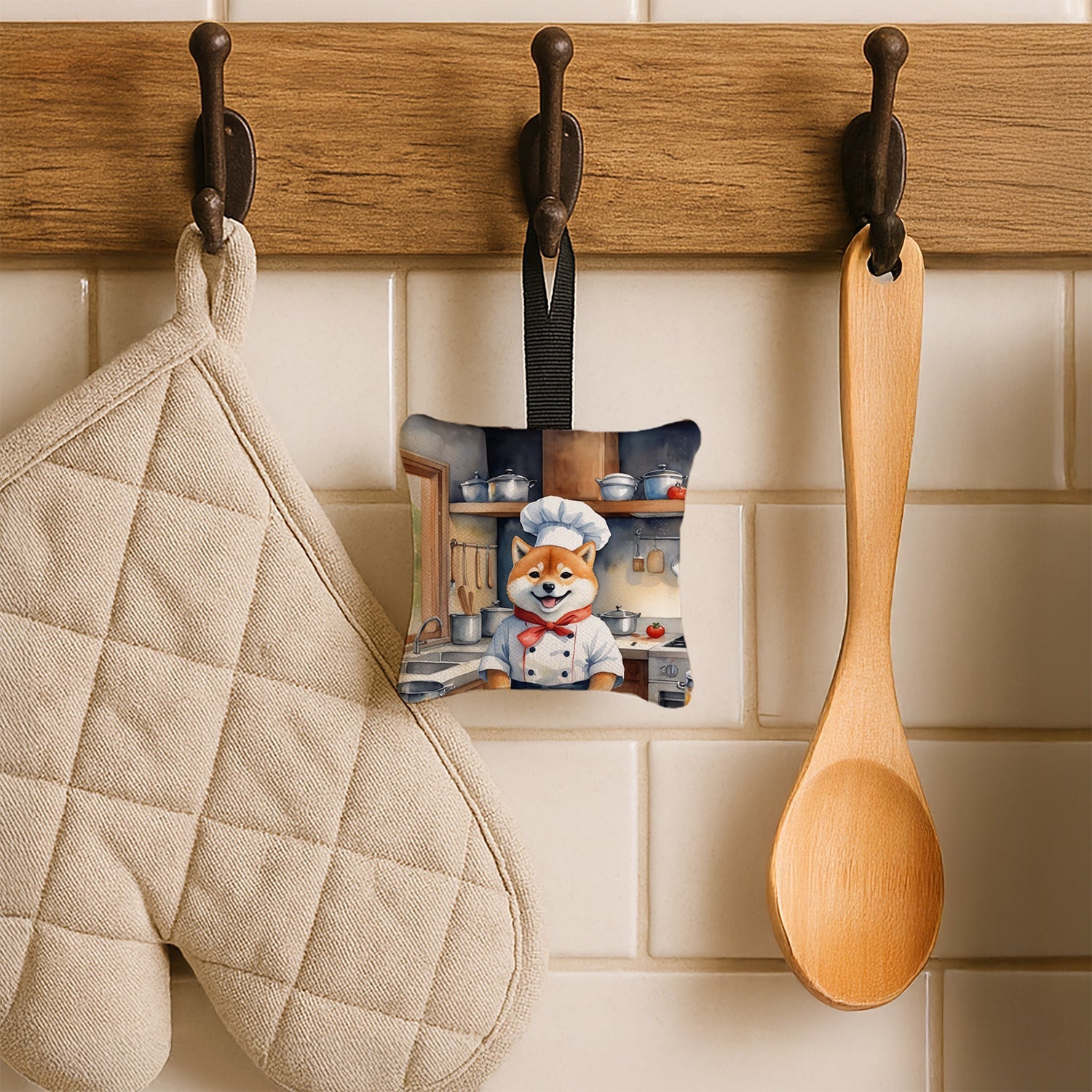 Shiba Inu The Chef Hanging Square Fabric Ornament 3.5 × 3.5 Decorative Door-Knob & Tree Hanger, Soft Fabric