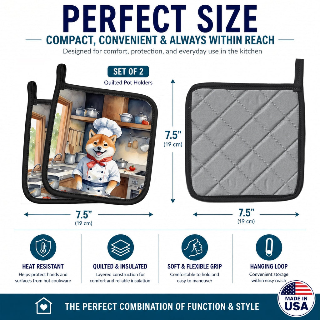 Shiba Inu The Chef Pot Holder Set of 2 Heat Resistant Quilted Hot Pads 7.5 x 7.5 Inch, Insulated Kitchen Trivets for Cooking & Baking