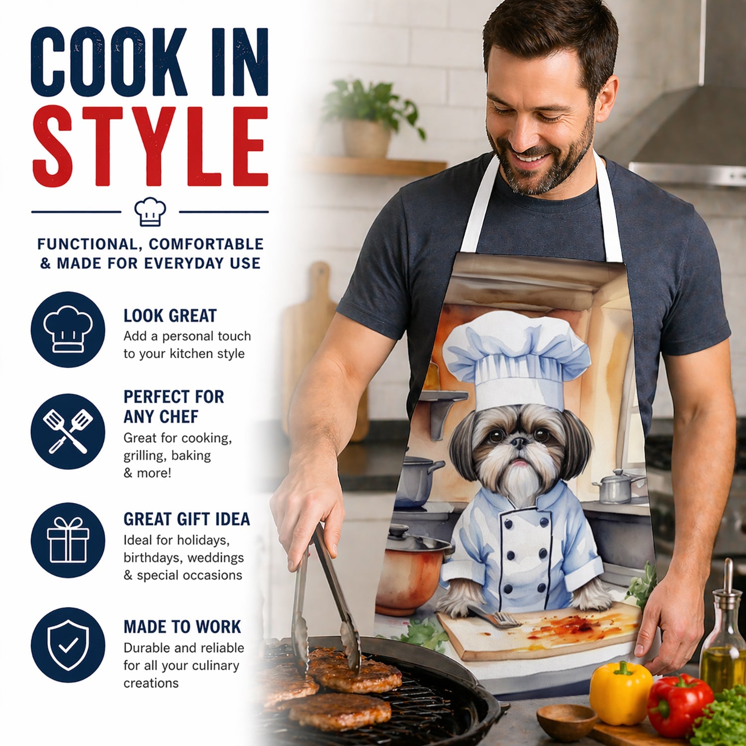 Shih Tzu The Chef Apron Cooking Kitchen Server Baking Crafts Gardening for Adult Women Men, Unisex, Large, Multicolor