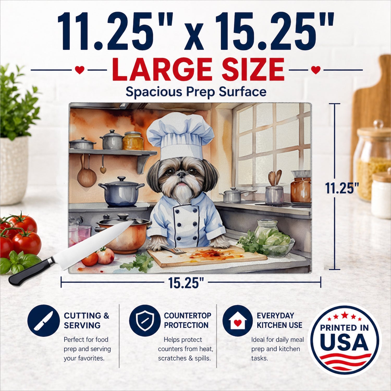 Shih Tzu The Chef Cutting Board Tempered Glass Kitchen Cutting Surface, Heat Resistant Chopping, Non-Slip Feet, Food Prep & Serving