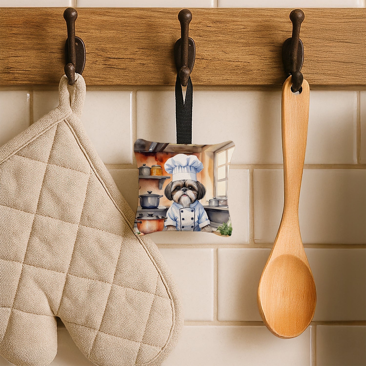 Shih Tzu The Chef Hanging Square Fabric Ornament 3.5 × 3.5 Decorative Door-Knob & Tree Hanger, Soft Fabric