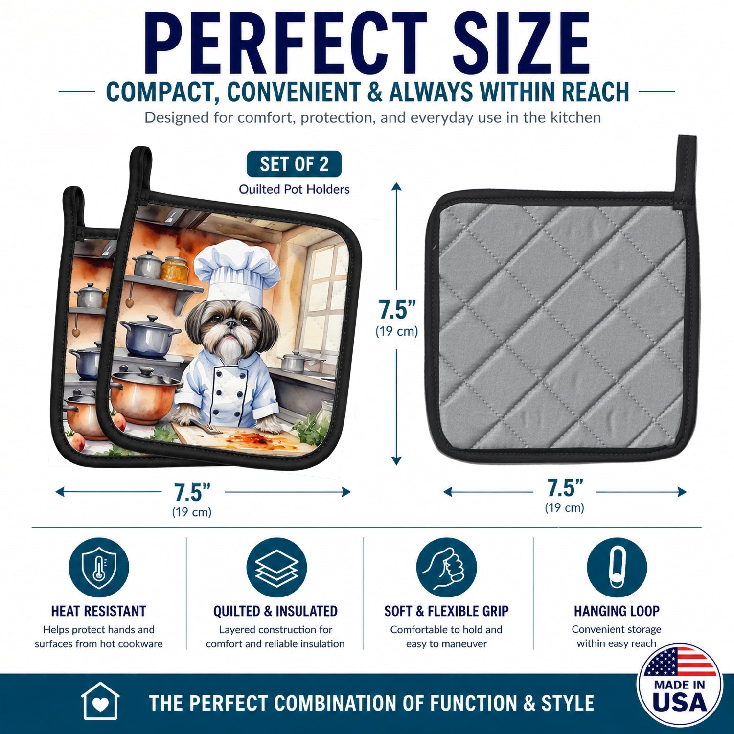 Shih Tzu The Chef Pot Holder Set of 2 Heat Resistant Quilted Hot Pads 7.5 x 7.5 Inch, Insulated Kitchen Trivets for Cooking & Baking