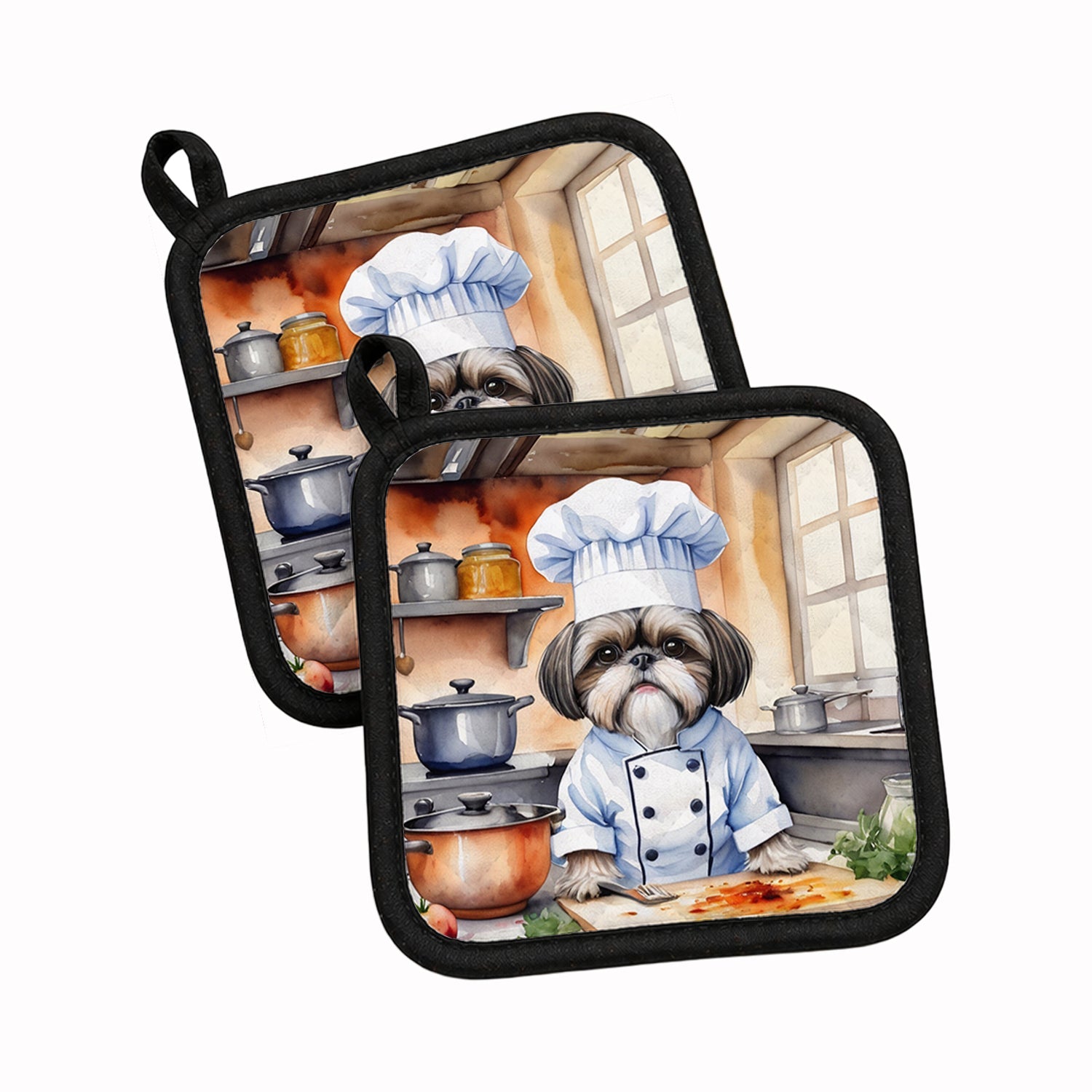 Shih Tzu The Chef Pot Holder Set of 2 Heat Resistant Quilted Hot Pads 7.5 x 7.5 Inch, Insulated Kitchen Trivets for Cooking & Baking