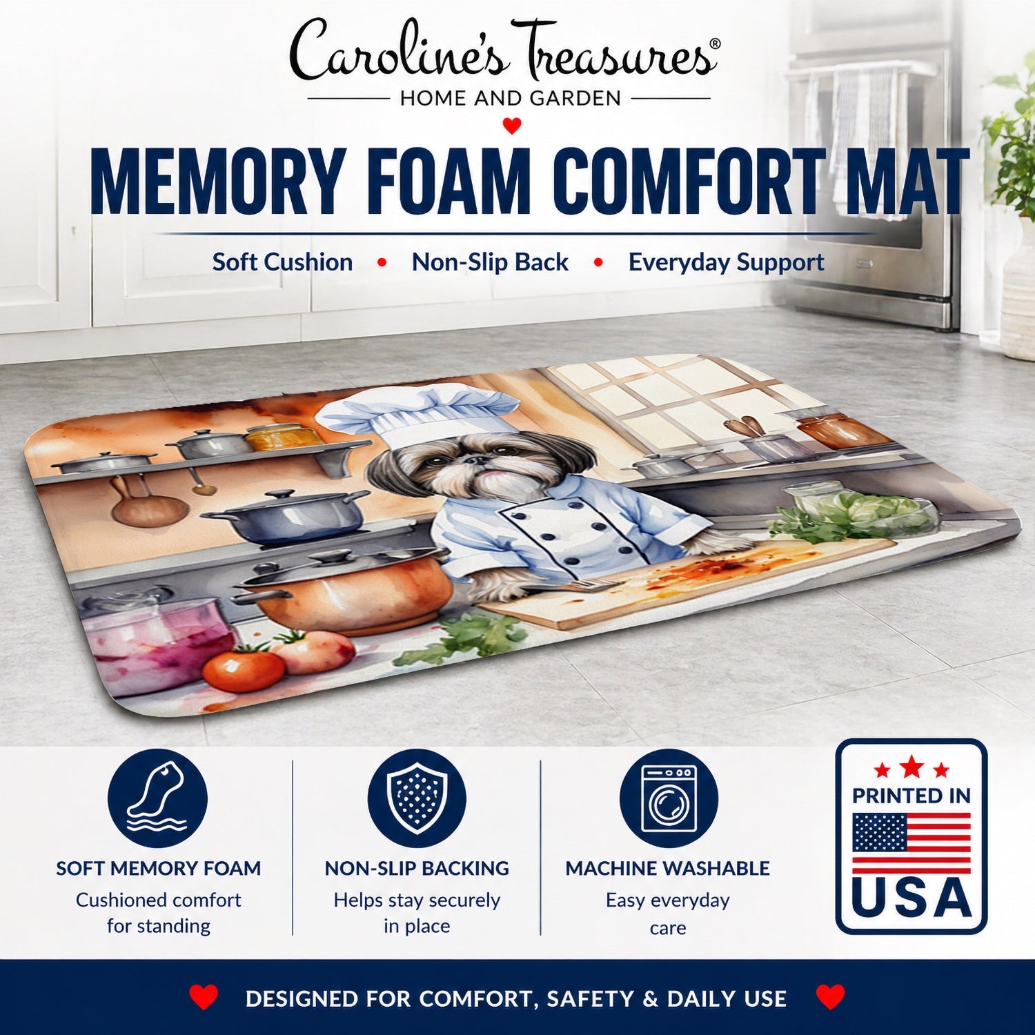 Shih Tzu The Chef Memory Foam Kitchen Mat Machine Washable Anti-Fatigue Cushion Comfort Bath or Kitchen Rug