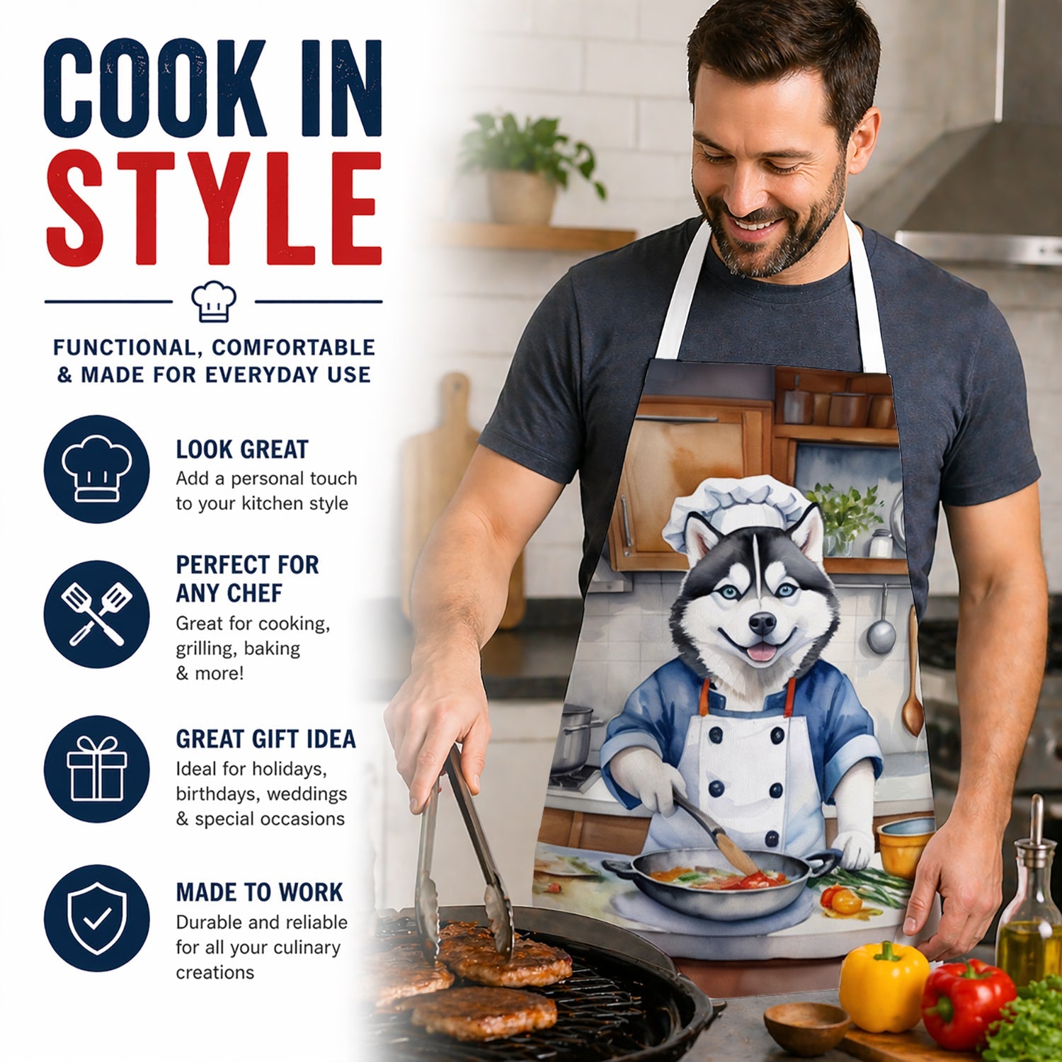 Siberian Husky The Chef Apron Cooking Kitchen Server Baking Crafts Gardening for Adult Women Men, Unisex, Large, Multicolor