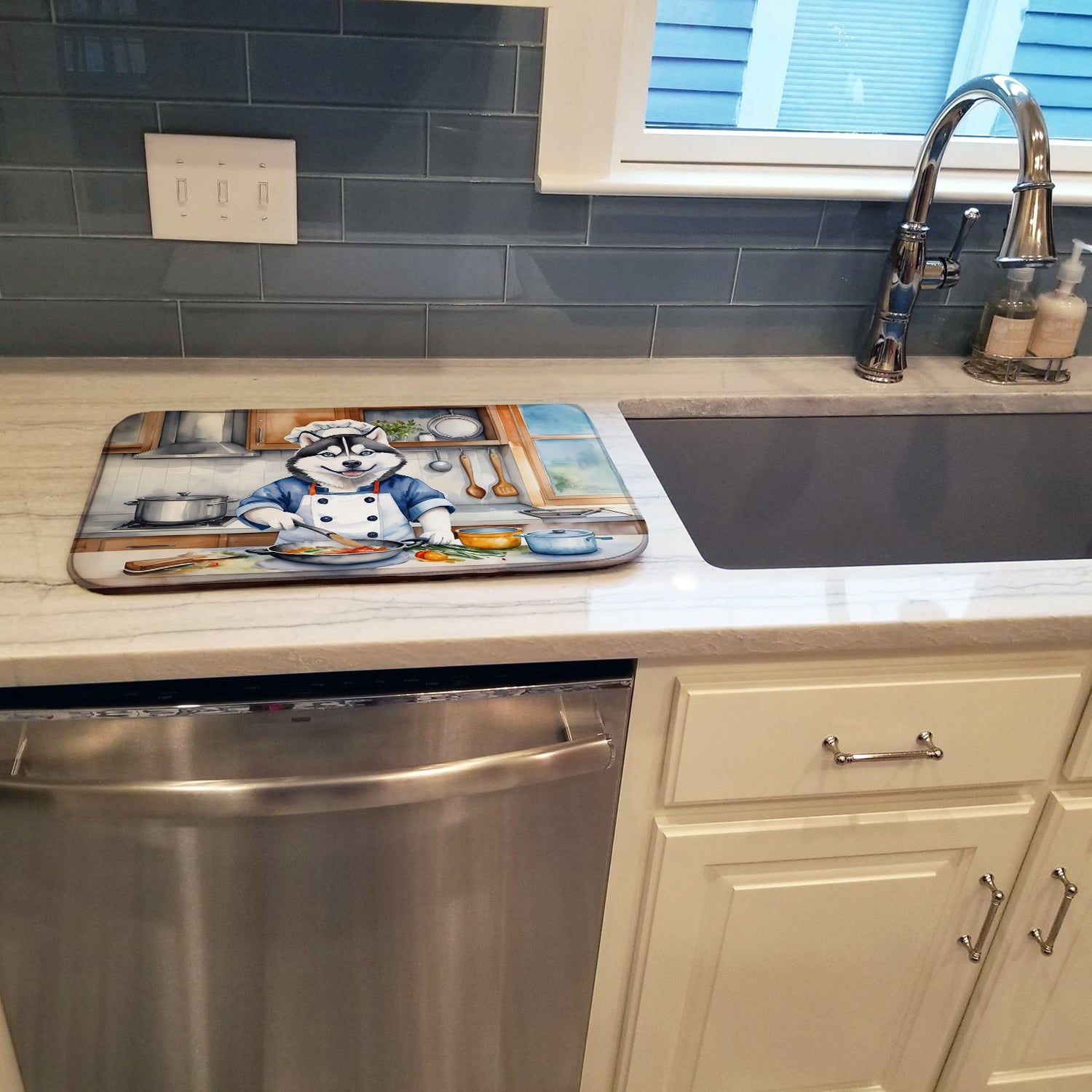 Siberian Husky The Chef Dish Drying Mat Absorbent Dish Drying Mat Pad for Kitchen Counter Dish Drainer Mat for Countertop, 14 x 21", Multicolor