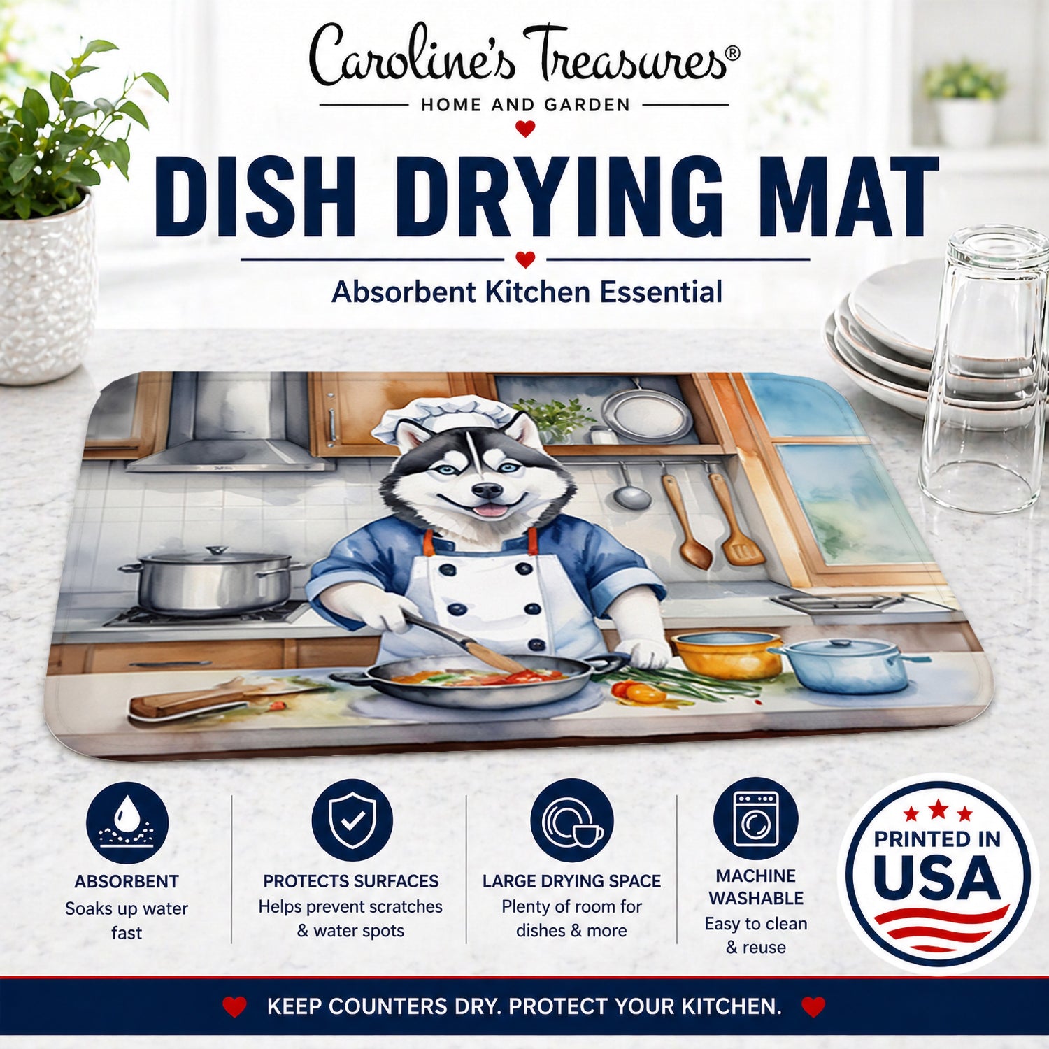 Siberian Husky The Chef Dish Drying Mat Absorbent Dish Drying Mat Pad for Kitchen Counter Dish Drainer Mat for Countertop, 14 x 21", Multicolor