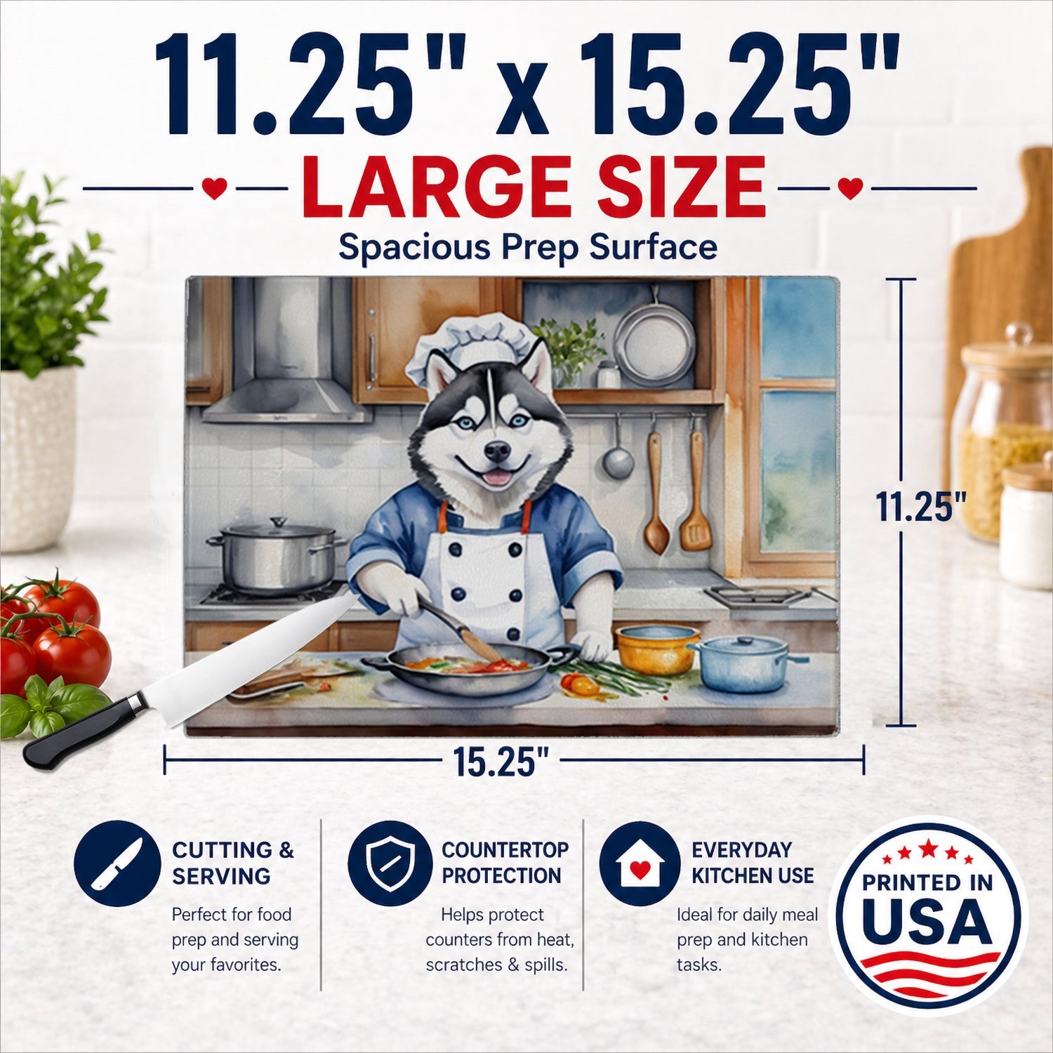 Siberian Husky The Chef Cutting Board Tempered Glass Kitchen Cutting Surface, Heat Resistant Chopping, Non-Slip Feet, Food Prep & Serving