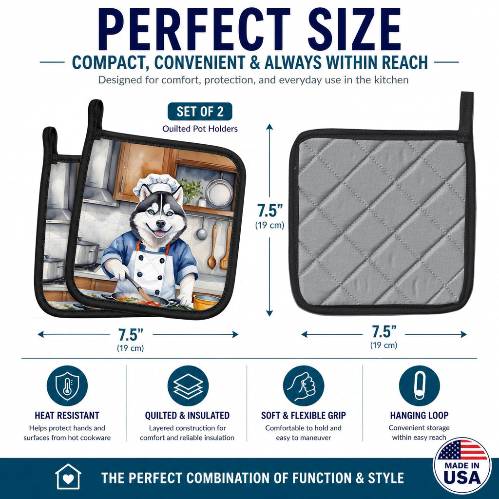 Siberian Husky The Chef Pot Holder Set of 2 Heat Resistant Quilted Hot Pads 7.5 x 7.5 Inch, Insulated Kitchen Trivets for Cooking & Baking