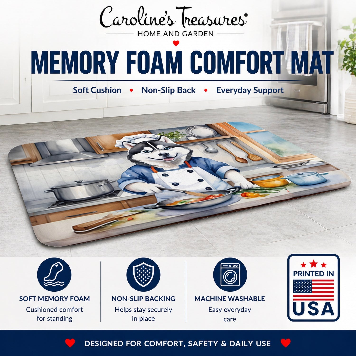 Siberian Husky The Chef Memory Foam Kitchen Mat Machine Washable Anti-Fatigue Cushion Comfort Bath or Kitchen Rug