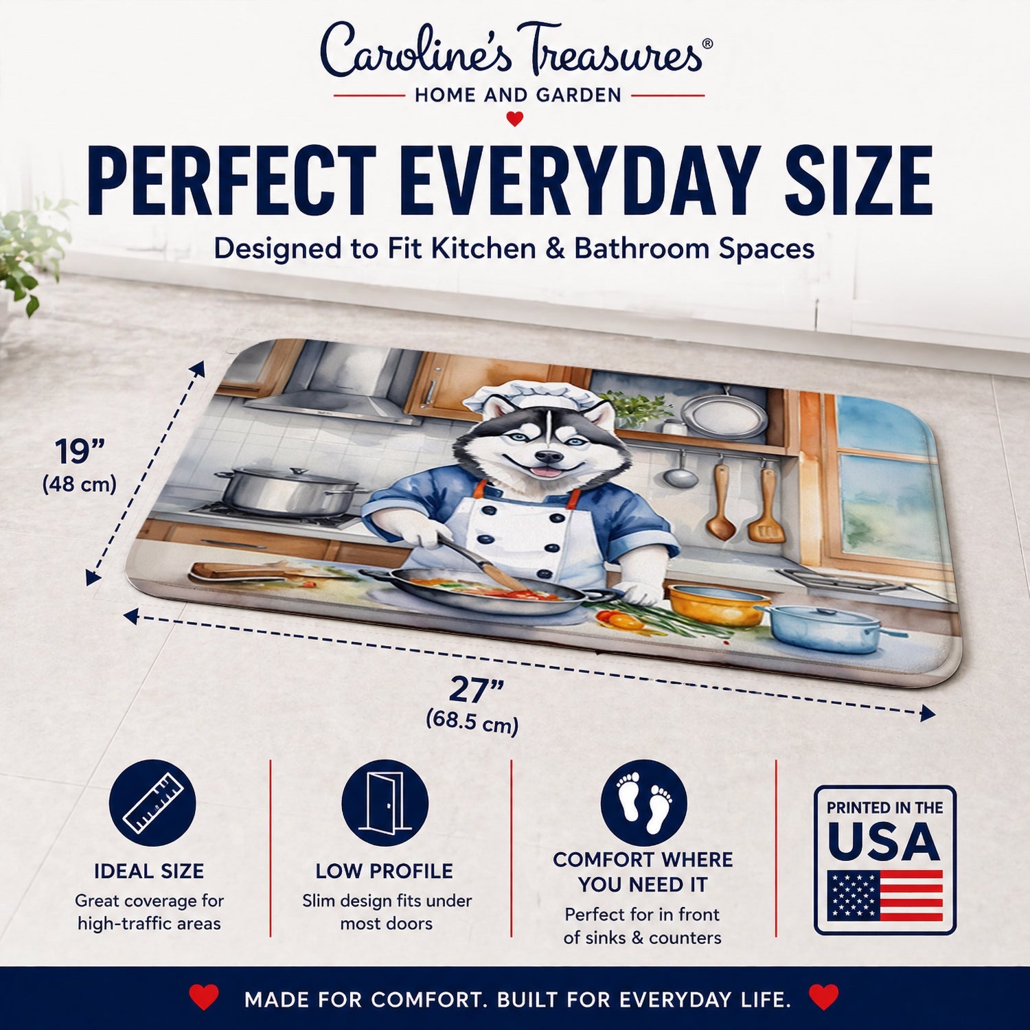 Siberian Husky The Chef Memory Foam Kitchen Mat Machine Washable Anti-Fatigue Cushion Comfort Bath or Kitchen Rug