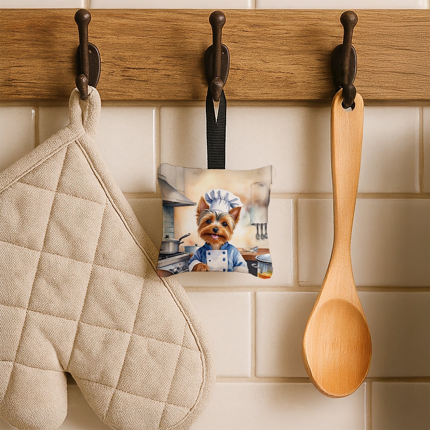 Silky Terrier The Chef Hanging Square Fabric Ornament 3.5 × 3.5 Decorative Door-Knob & Tree Hanger, Soft Fabric
