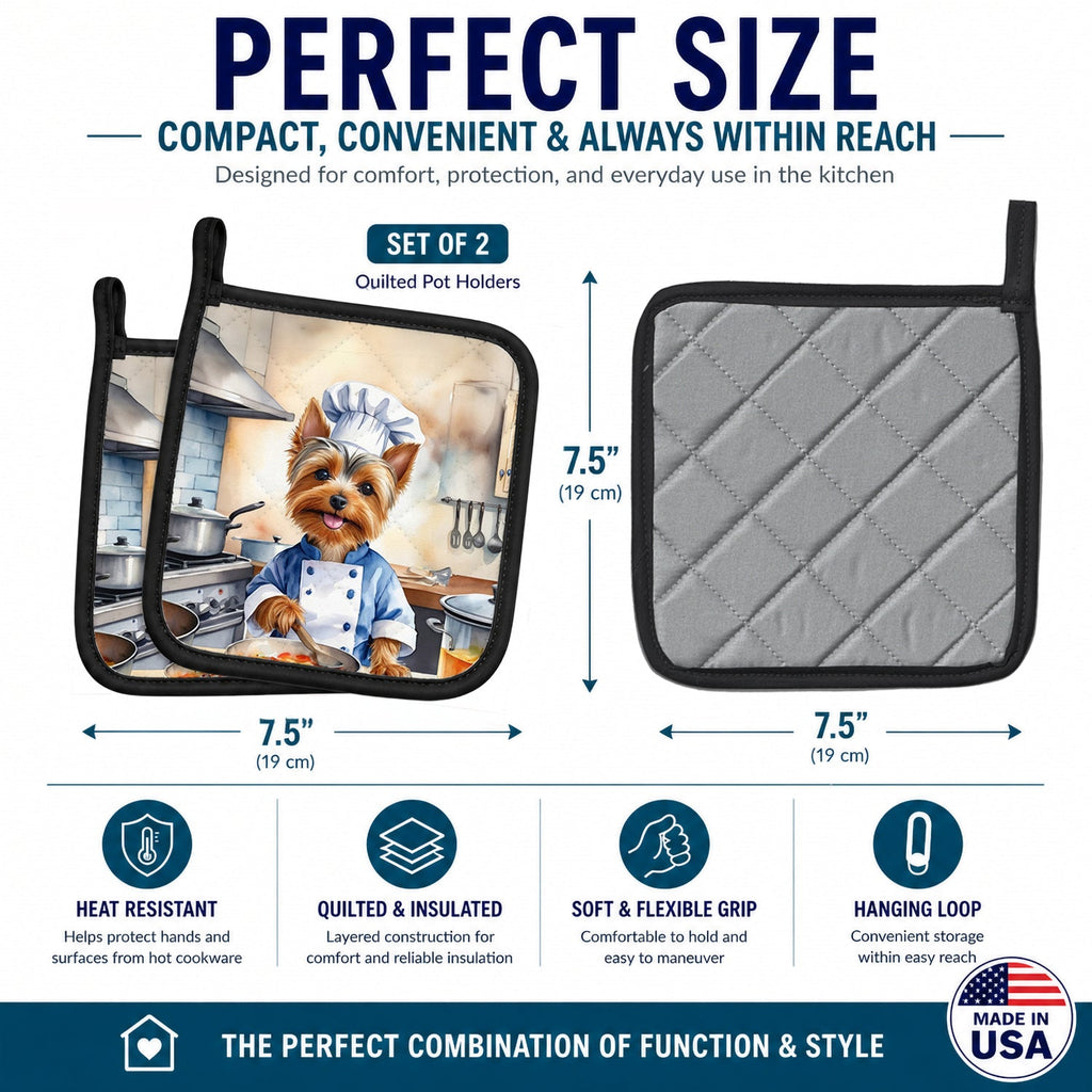Silky Terrier The Chef Pot Holder Set of 2 Heat Resistant Quilted Hot Pads 7.5 x 7.5 Inch, Insulated Kitchen Trivets for Cooking & Baking