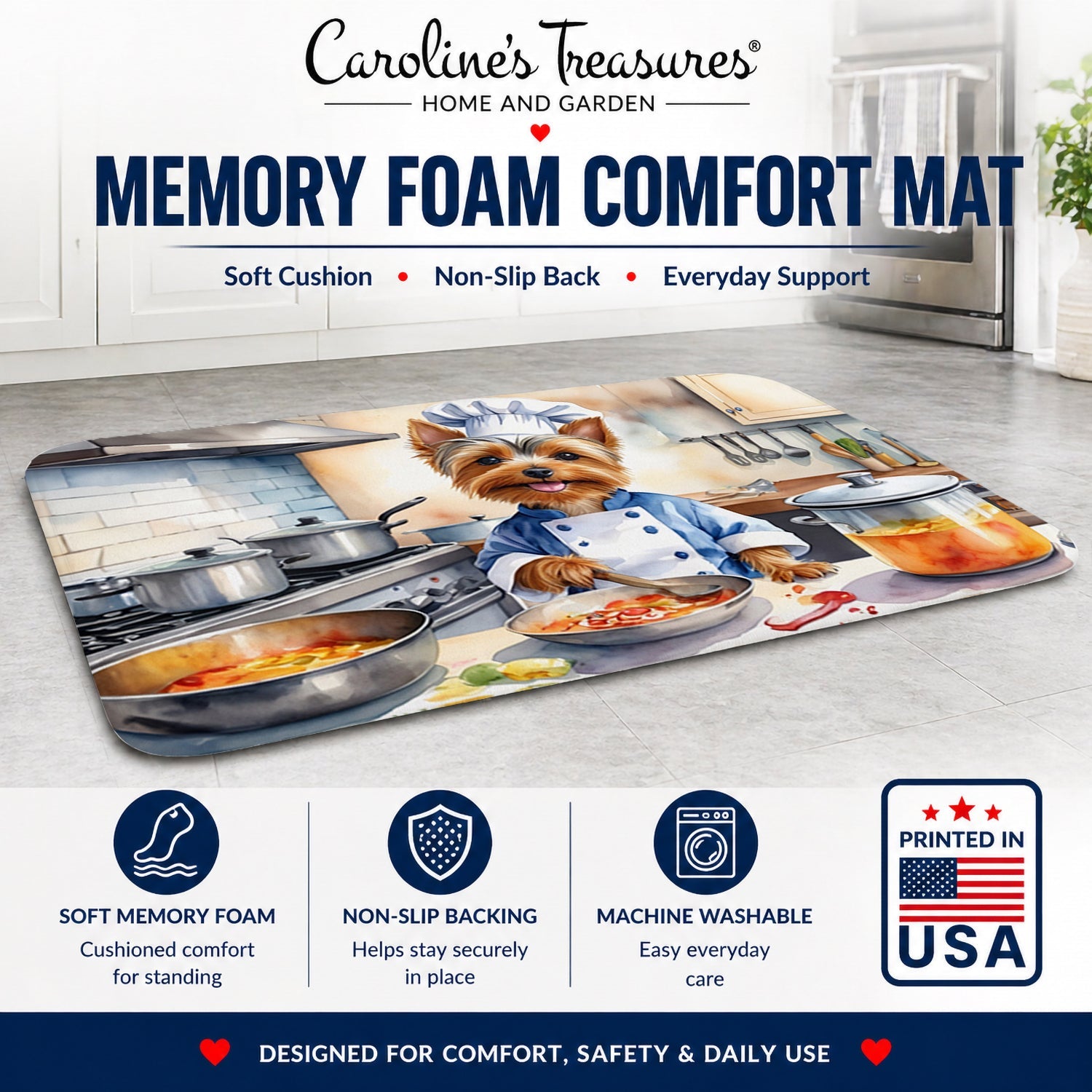 Silky Terrier The Chef Memory Foam Kitchen Mat Machine Washable Anti-Fatigue Cushion Comfort Bath or Kitchen Rug