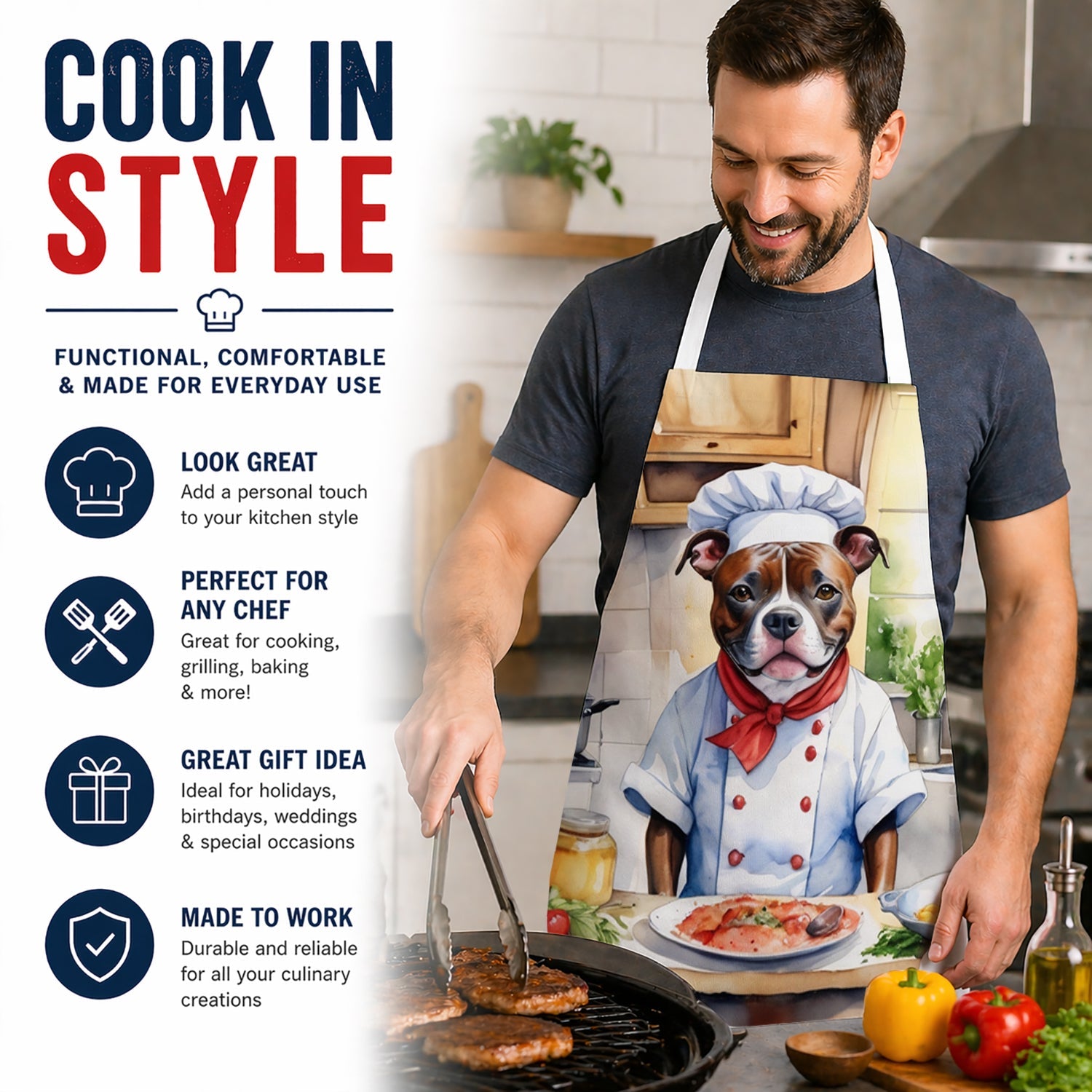 Staffordshire Bull Terrier The Chef Apron Cooking Kitchen Server Baking Crafts Gardening for Adult Women Men, Unisex, Large, Multicolor