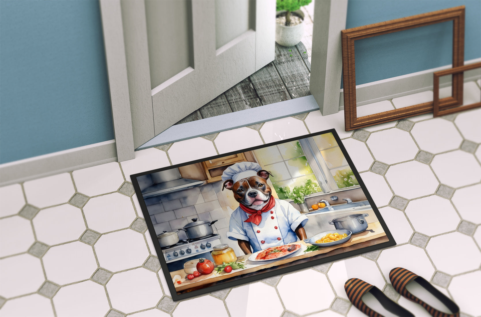 Staffordshire Bull Terrier The Chef Doormat Indoor Outdoor 24H X 36W Front Door Mat Rugs for Entryway, Non Slip Washable Low Pile,
