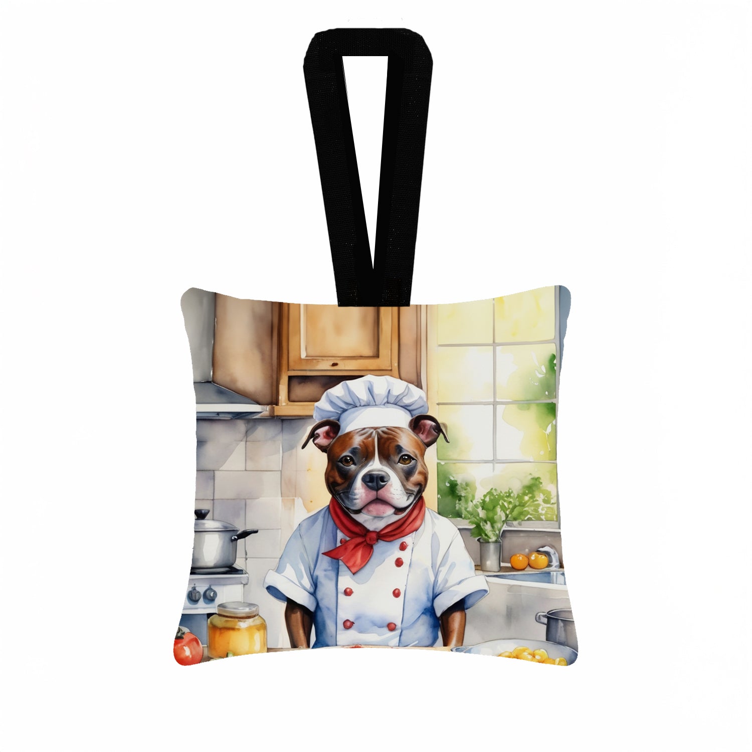 Staffordshire Bull Terrier The Chef Hanging Square Fabric Ornament 3.5 × 3.5 Decorative Door-Knob & Tree Hanger, Soft Fabric