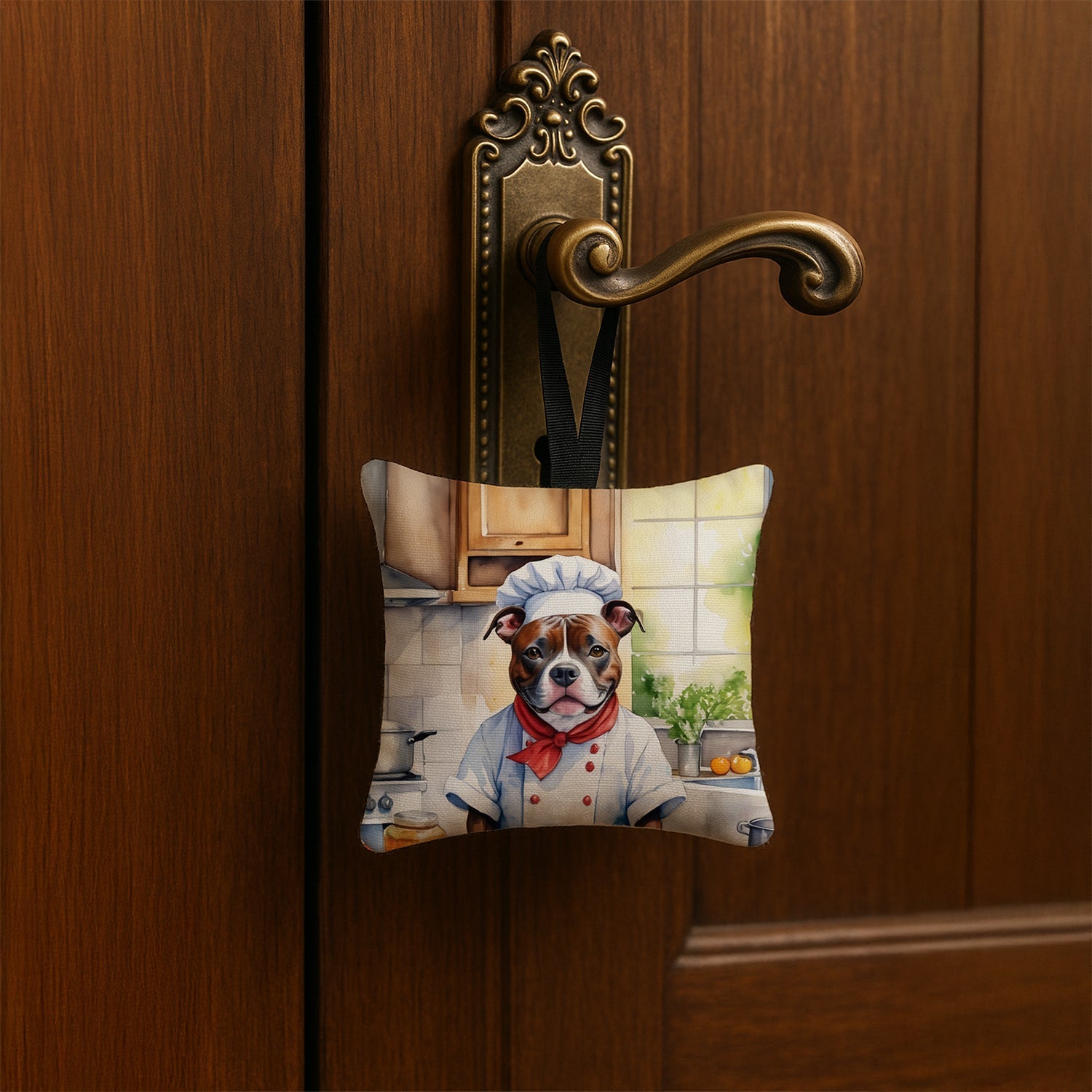 Staffordshire Bull Terrier The Chef Hanging Square Fabric Ornament 3.5 × 3.5 Decorative Door-Knob & Tree Hanger, Soft Fabric