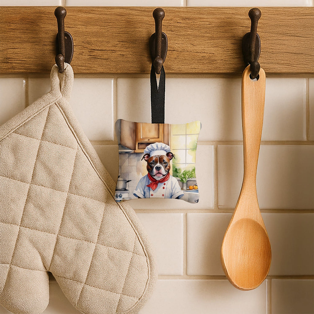 Staffordshire Bull Terrier The Chef Hanging Square Fabric Ornament 3.5 × 3.5 Decorative Door-Knob & Tree Hanger, Soft Fabric