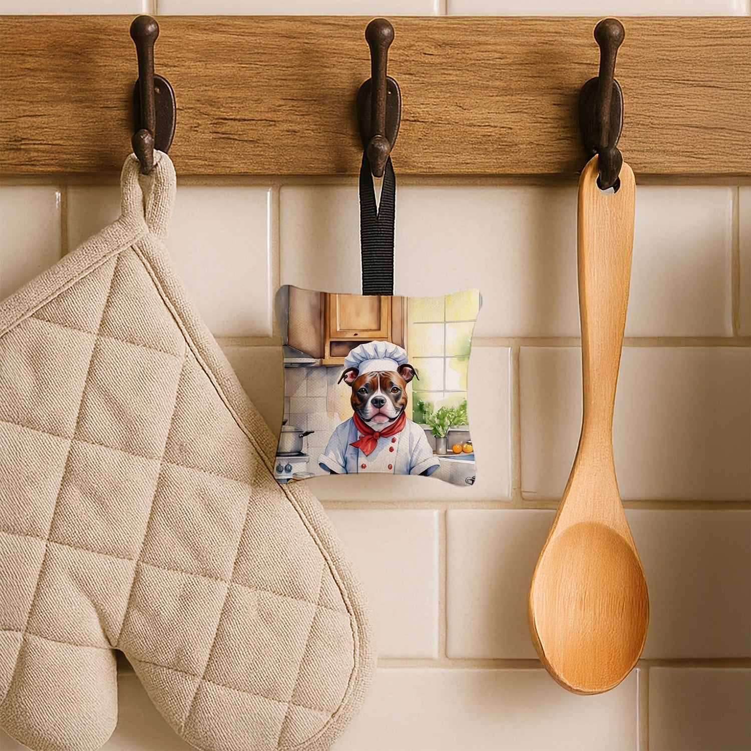 Staffordshire Bull Terrier The Chef Hanging Square Fabric Ornament 3.5 × 3.5 Decorative Door-Knob & Tree Hanger, Soft Fabric