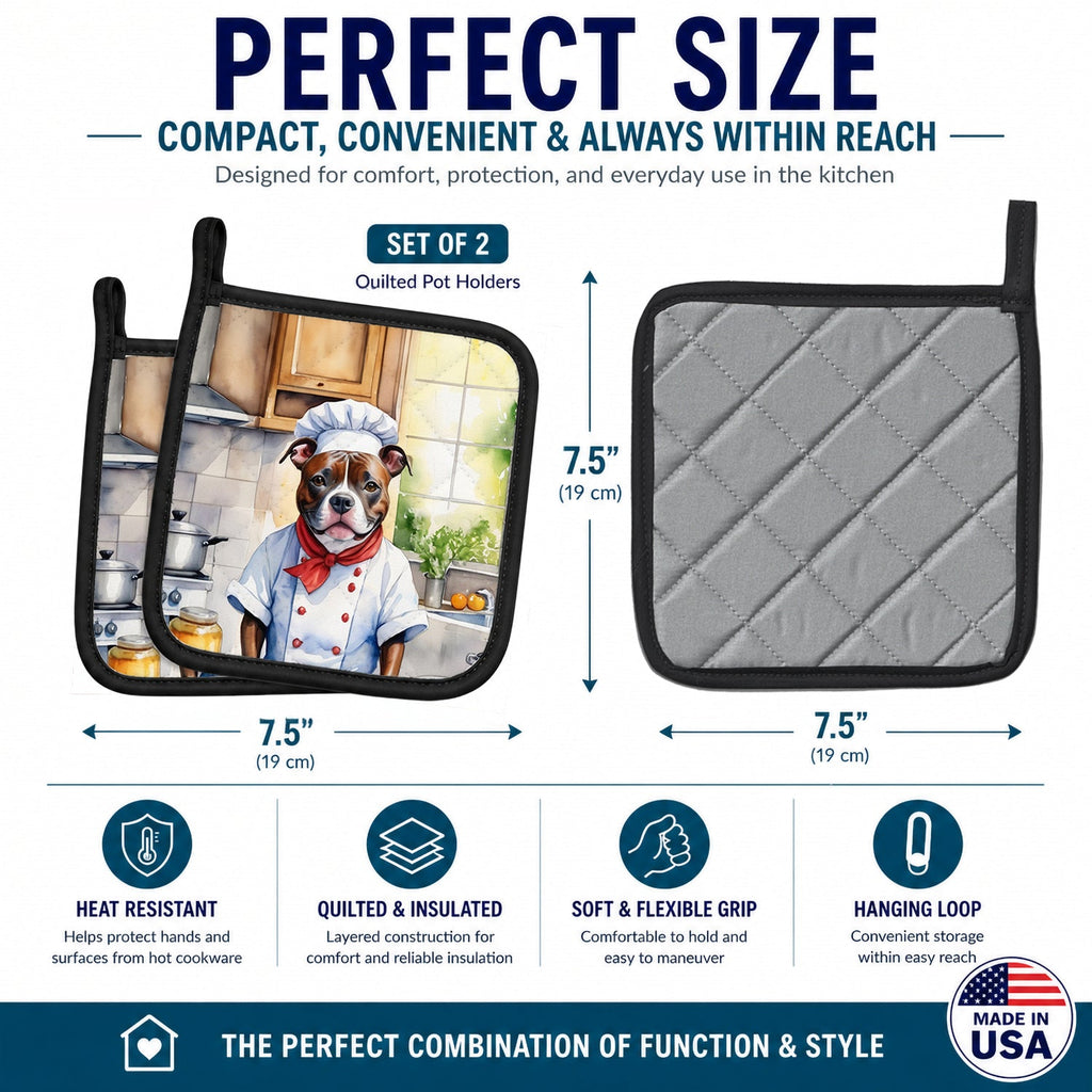 Staffordshire Bull Terrier The Chef Pot Holder Set of 2 Heat Resistant Quilted Hot Pads 7.5 x 7.5 Inch, Insulated Kitchen Trivets for Cooking & Baking
