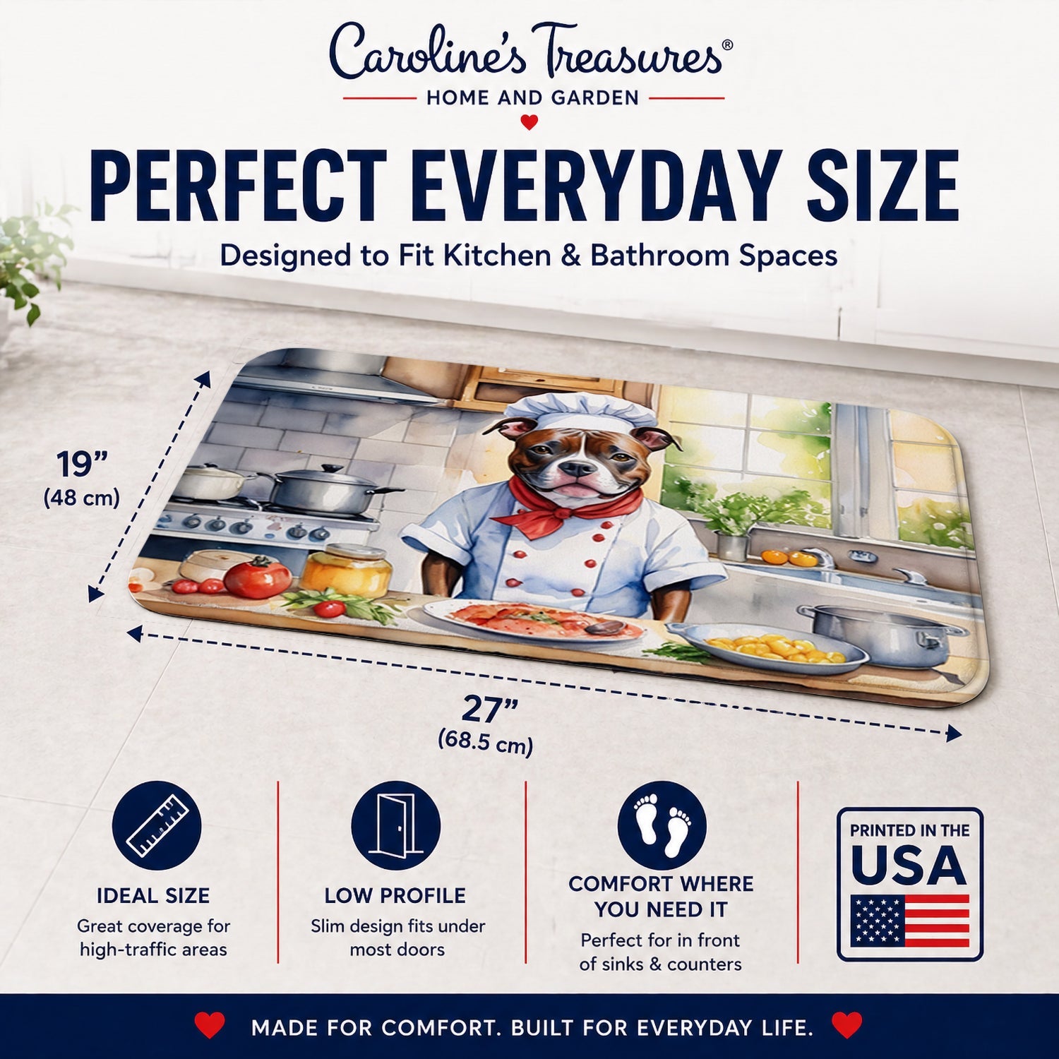 Staffordshire Bull Terrier The Chef Memory Foam Kitchen Mat Machine Washable Anti-Fatigue Cushion Comfort Bath or Kitchen Rug