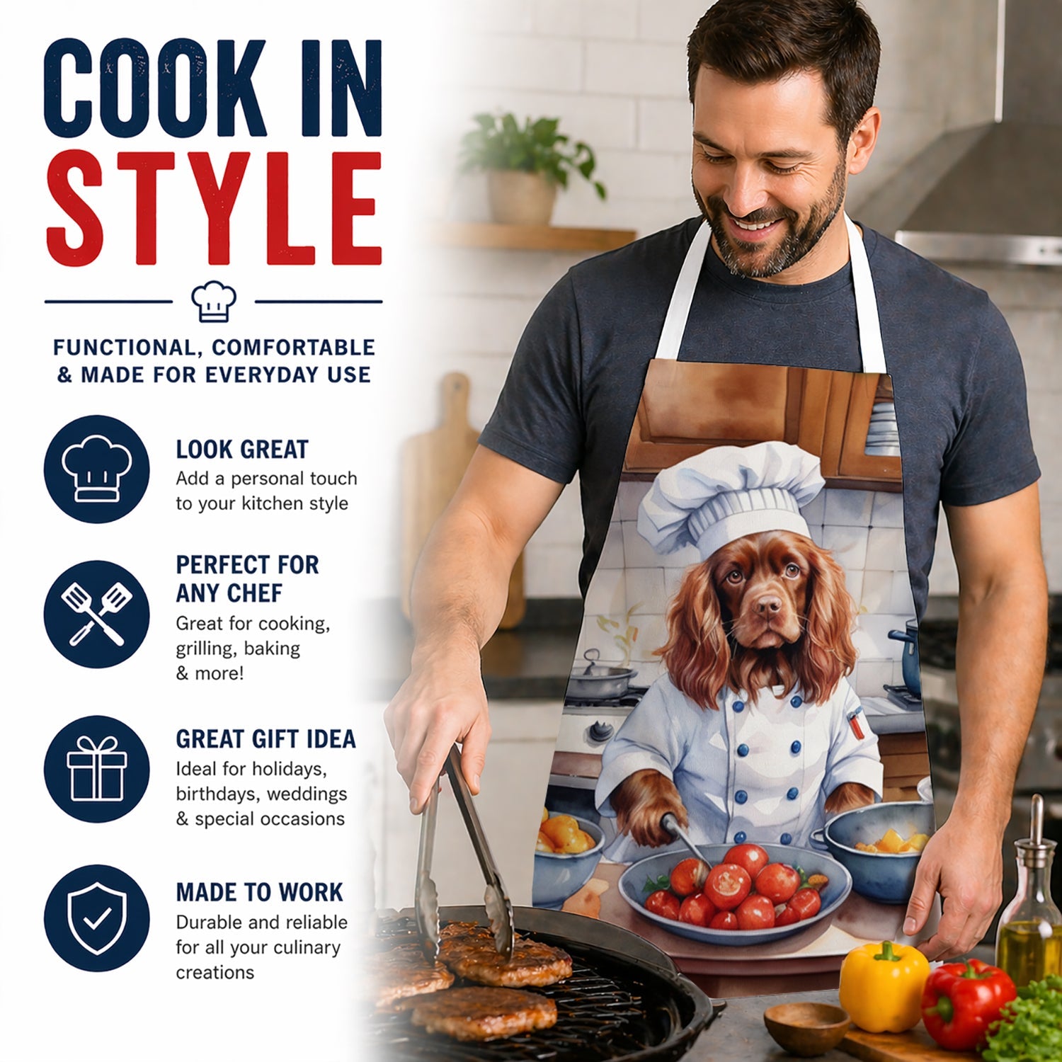 Sussex Spaniel The Chef Apron Cooking Kitchen Server Baking Crafts Gardening for Adult Women Men, Unisex, Large, Multicolor