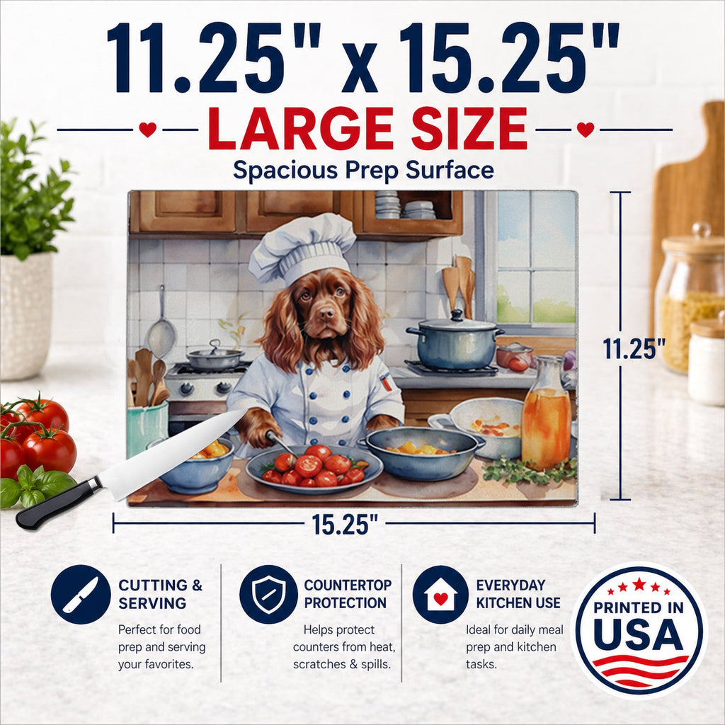 Sussex Spaniel The Chef Cutting Board Tempered Glass Kitchen Cutting Surface, Heat Resistant Chopping, Non-Slip Feet, Food Prep & Serving