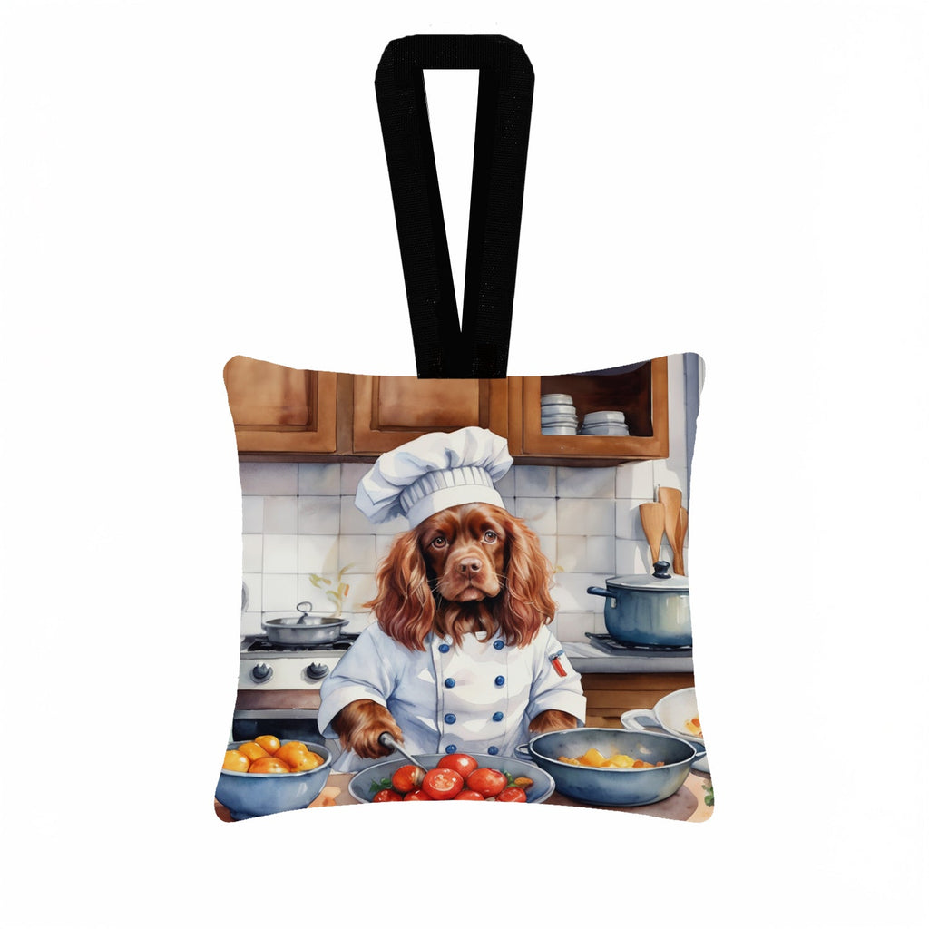 Sussex Spaniel The Chef Hanging Square Fabric Ornament 3.5 × 3.5 Decorative Door-Knob & Tree Hanger, Soft Fabric