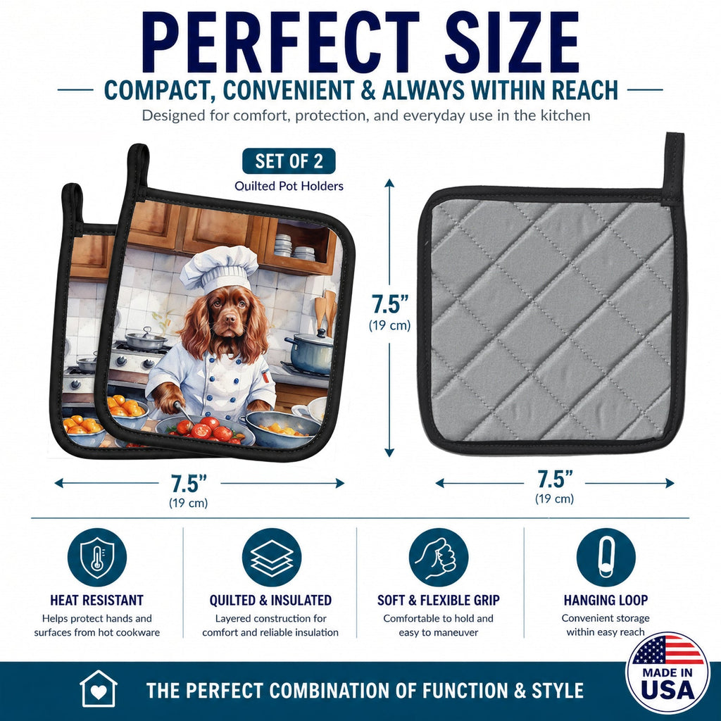 Sussex Spaniel The Chef Pot Holder Set of 2 Heat Resistant Quilted Hot Pads 7.5 x 7.5 Inch, Insulated Kitchen Trivets for Cooking & Baking